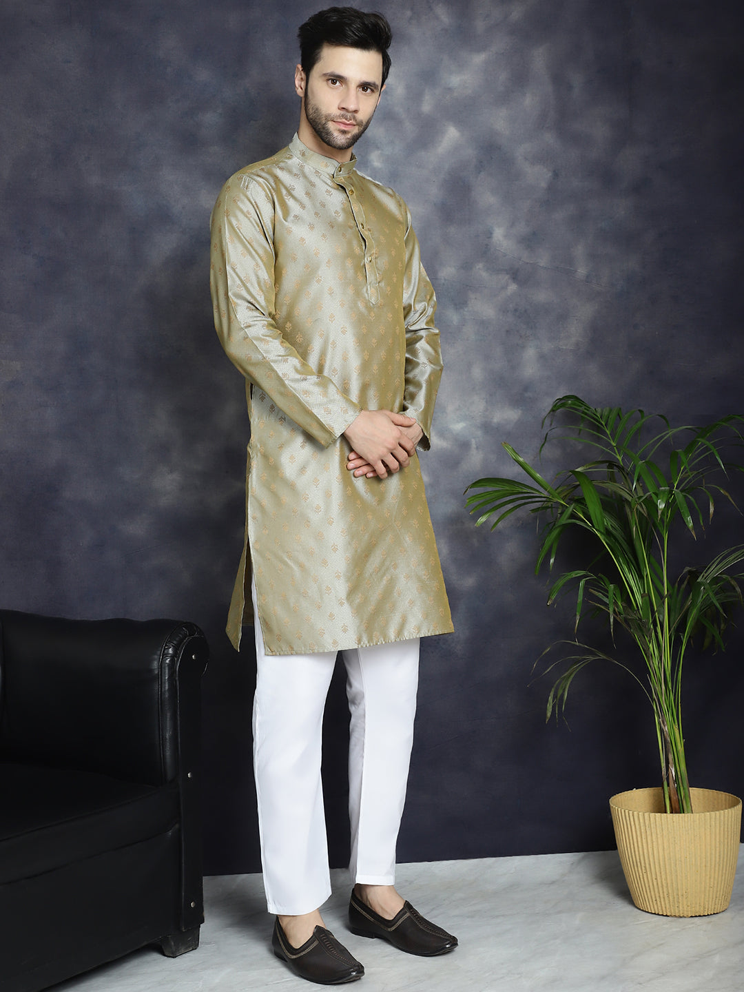 Woven Design Mens Kurta Pajama Set | Silk Blend Pista