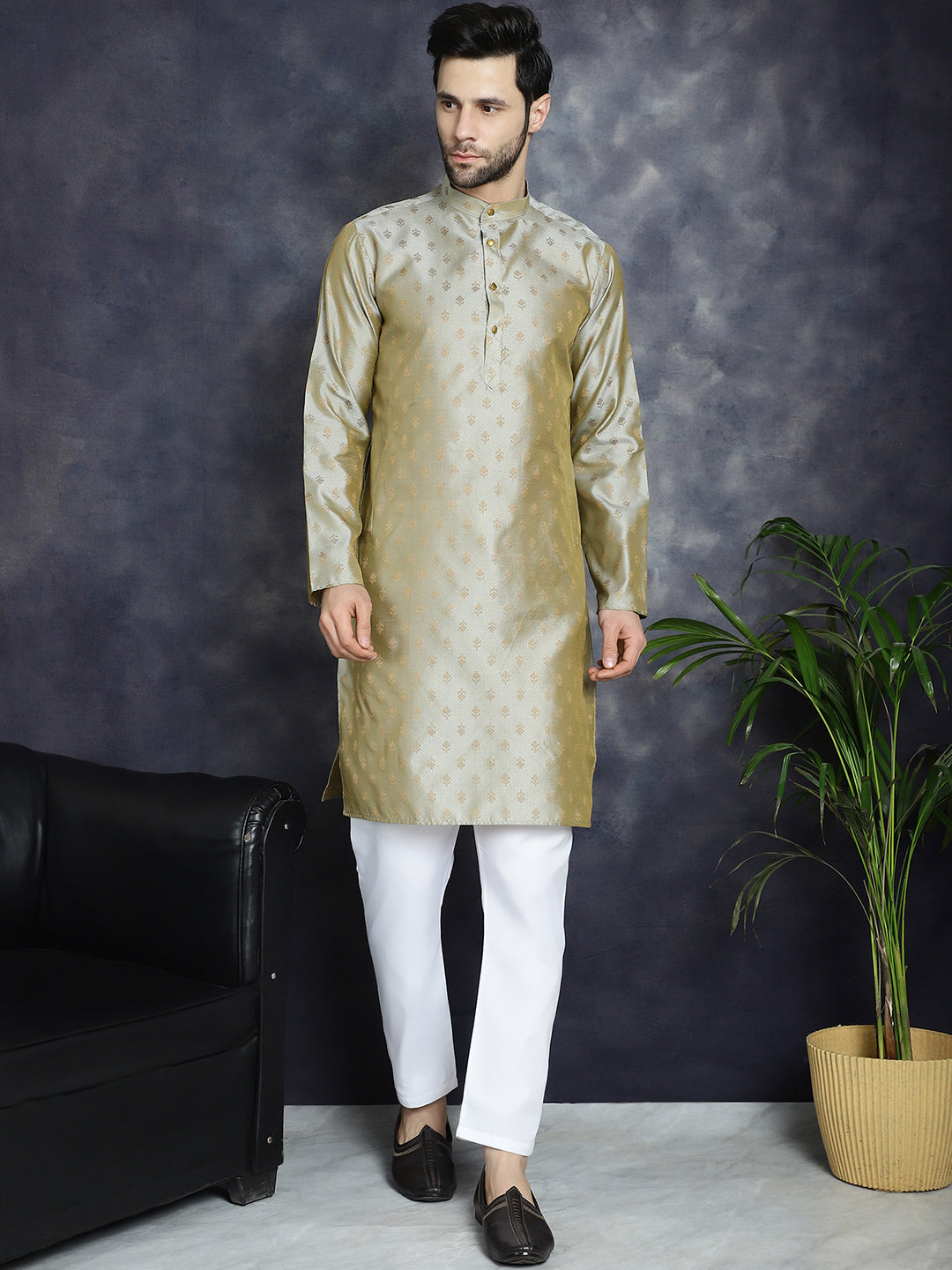 Woven Design Mens Kurta Pajama Set | Silk Blend Pista
