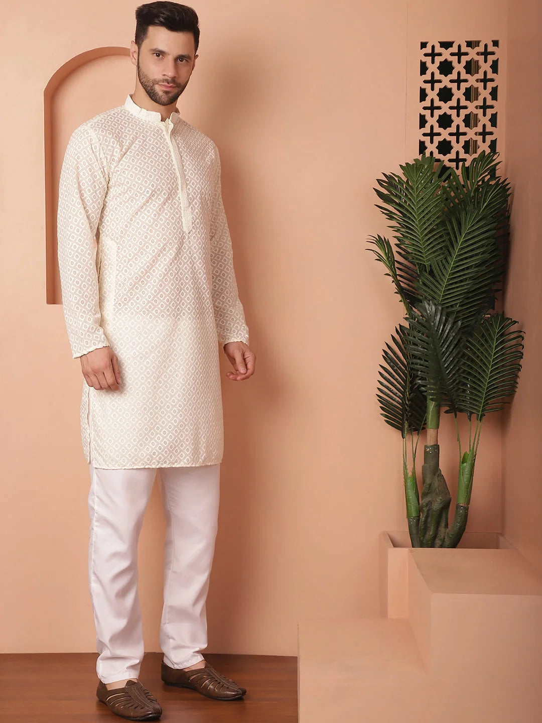 Cream Chikankari Kurta Pajama Set | Mens Kurta Pajama