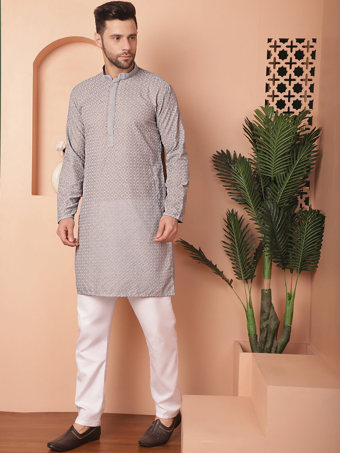 Grey Chikankari Mens Kurta Pajama Set | Kurta Pajama