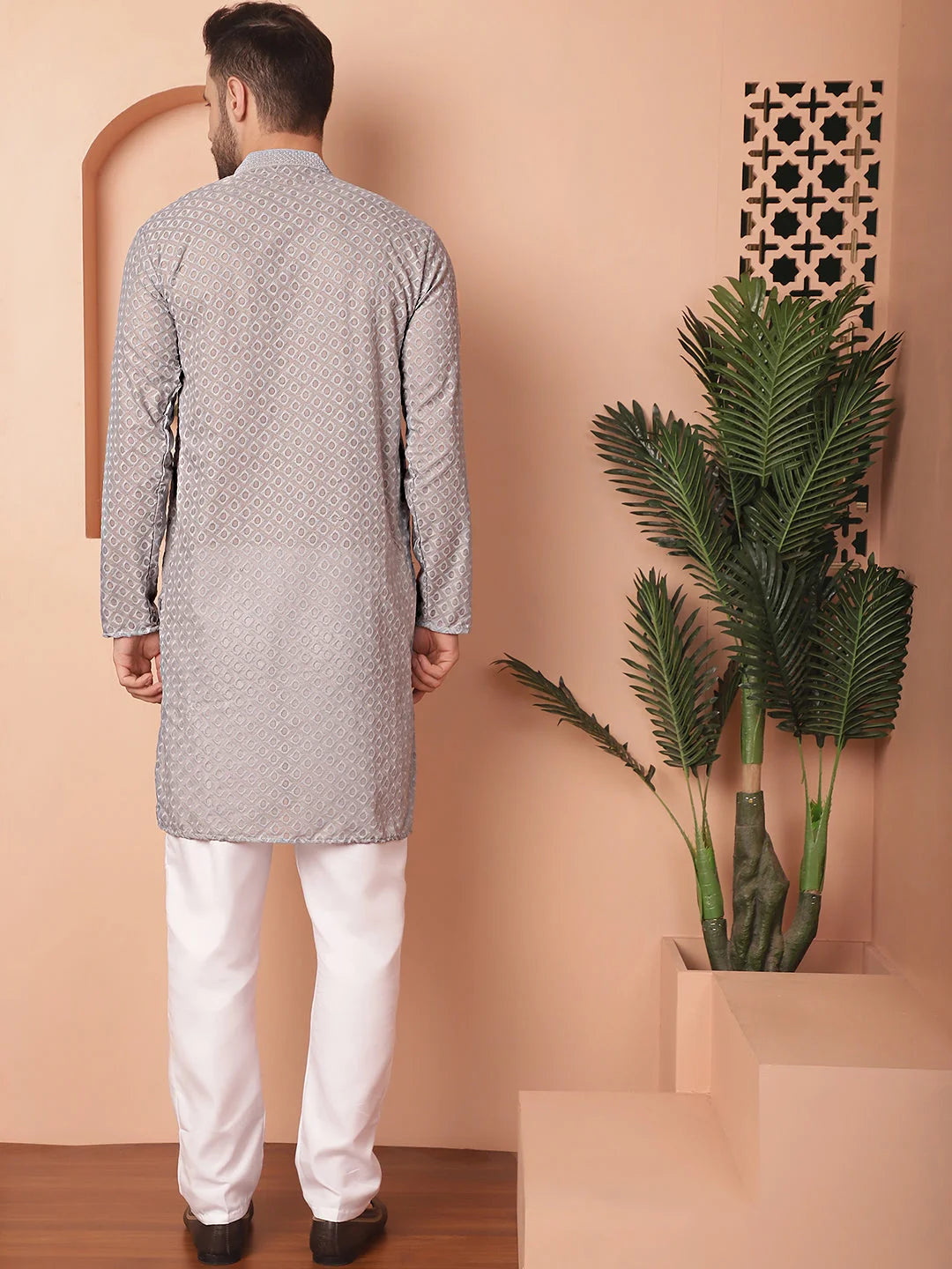 Grey Chikankari Mens Kurta Pajama Set | Kurta Pajama