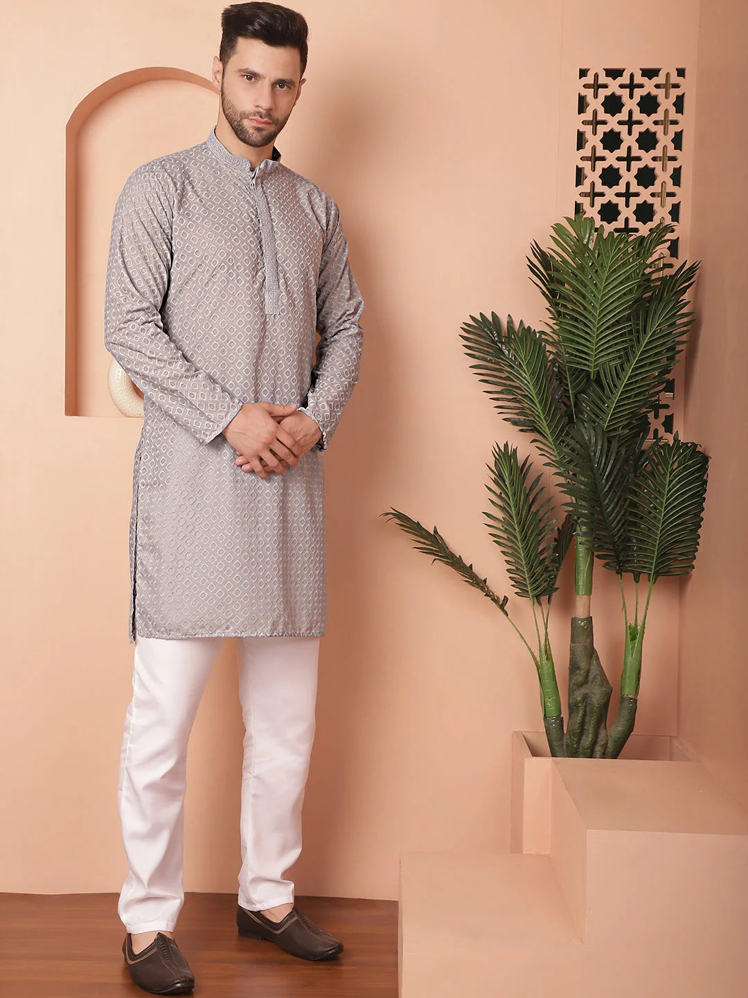 Grey Chikankari Mens Kurta Pajama Set | Kurta Pajama