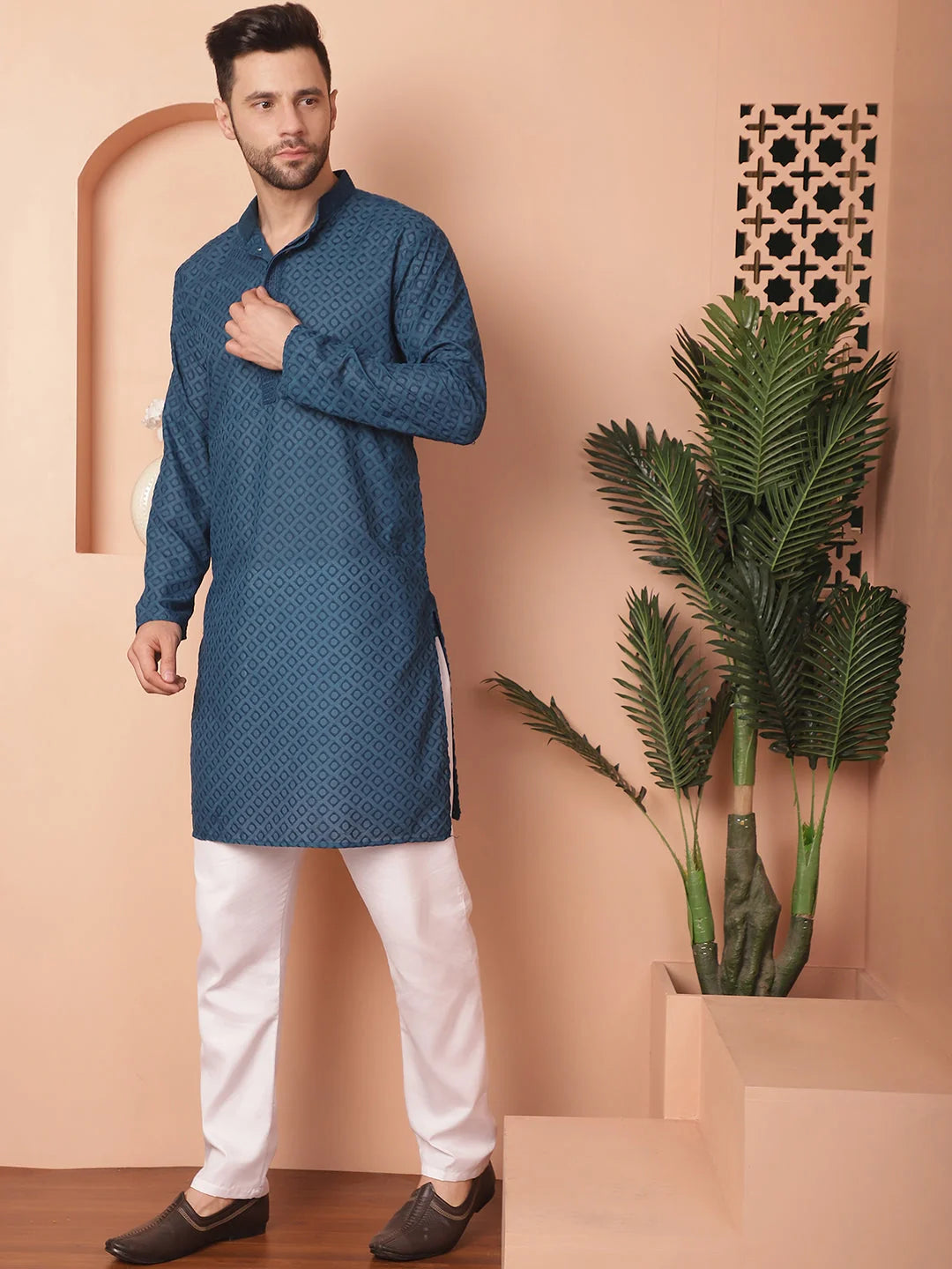 Peacock Chikankari Kurta Pajama | Mens Kurta Pajama Set