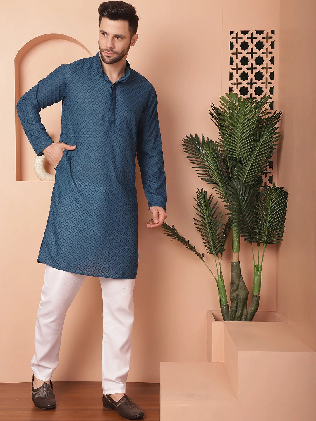 Peacock Chikankari Kurta Pajama | Mens Kurta Pajama Set