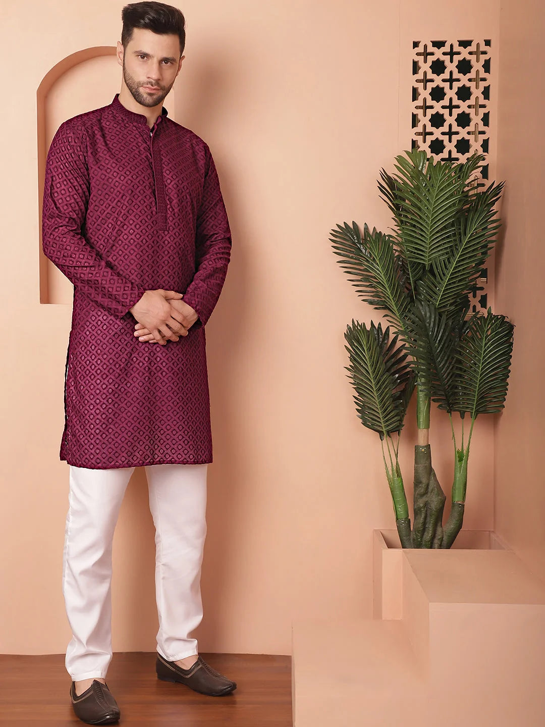 Purple Chikankari Kurta Pajama Set | Mens Kurta Pajama