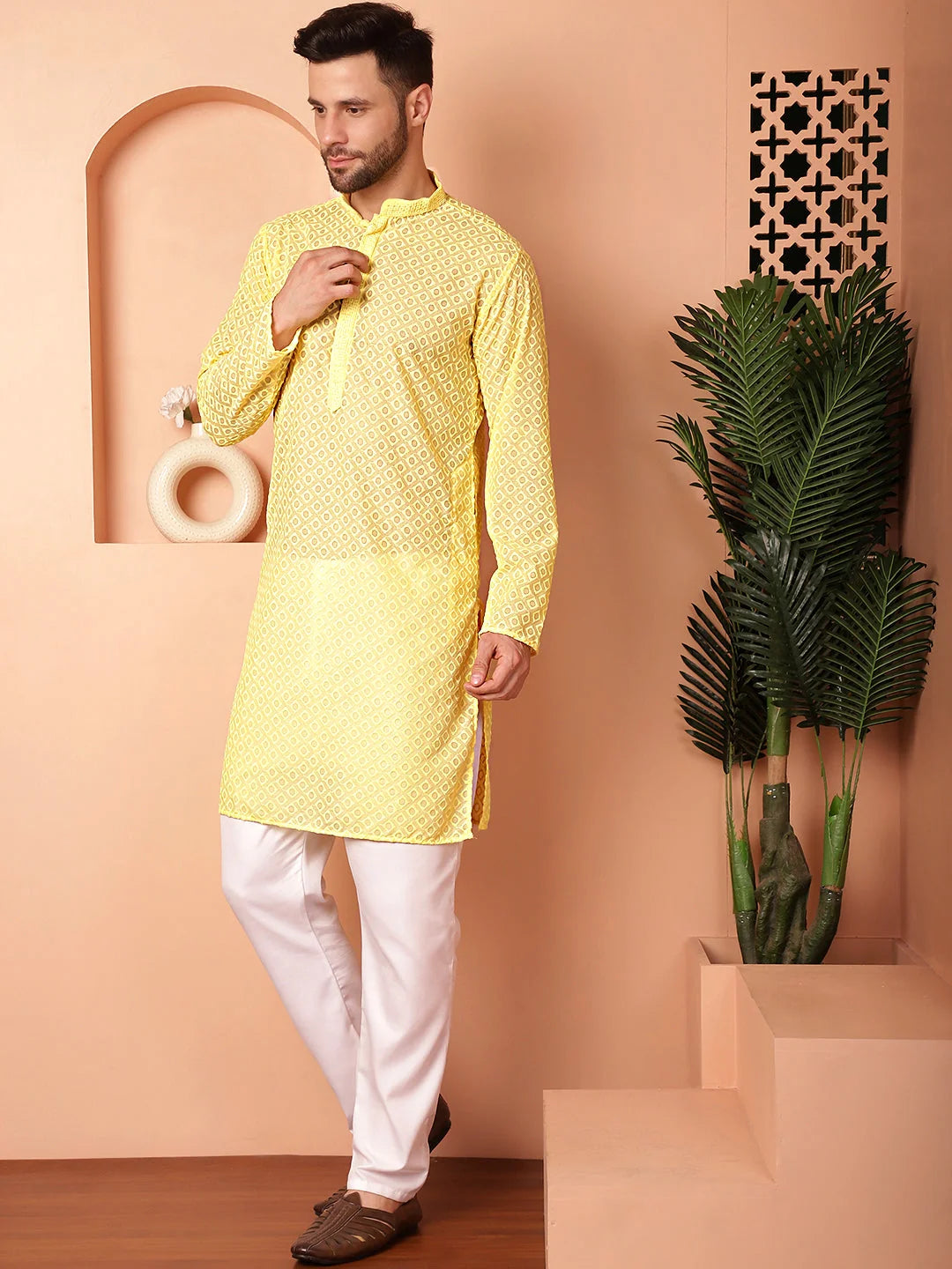 Yellow Cotton Kurta Pajama Set | Chikankari | Pathani Style