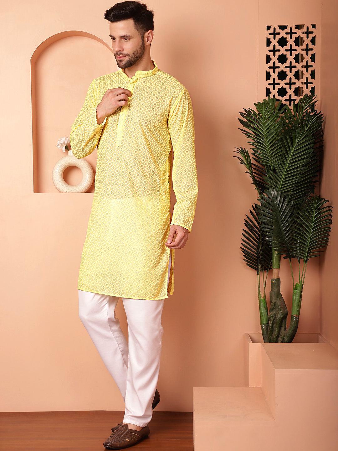 Yellow Cotton Kurta Pajama Set | Chikankari | Pathani Style