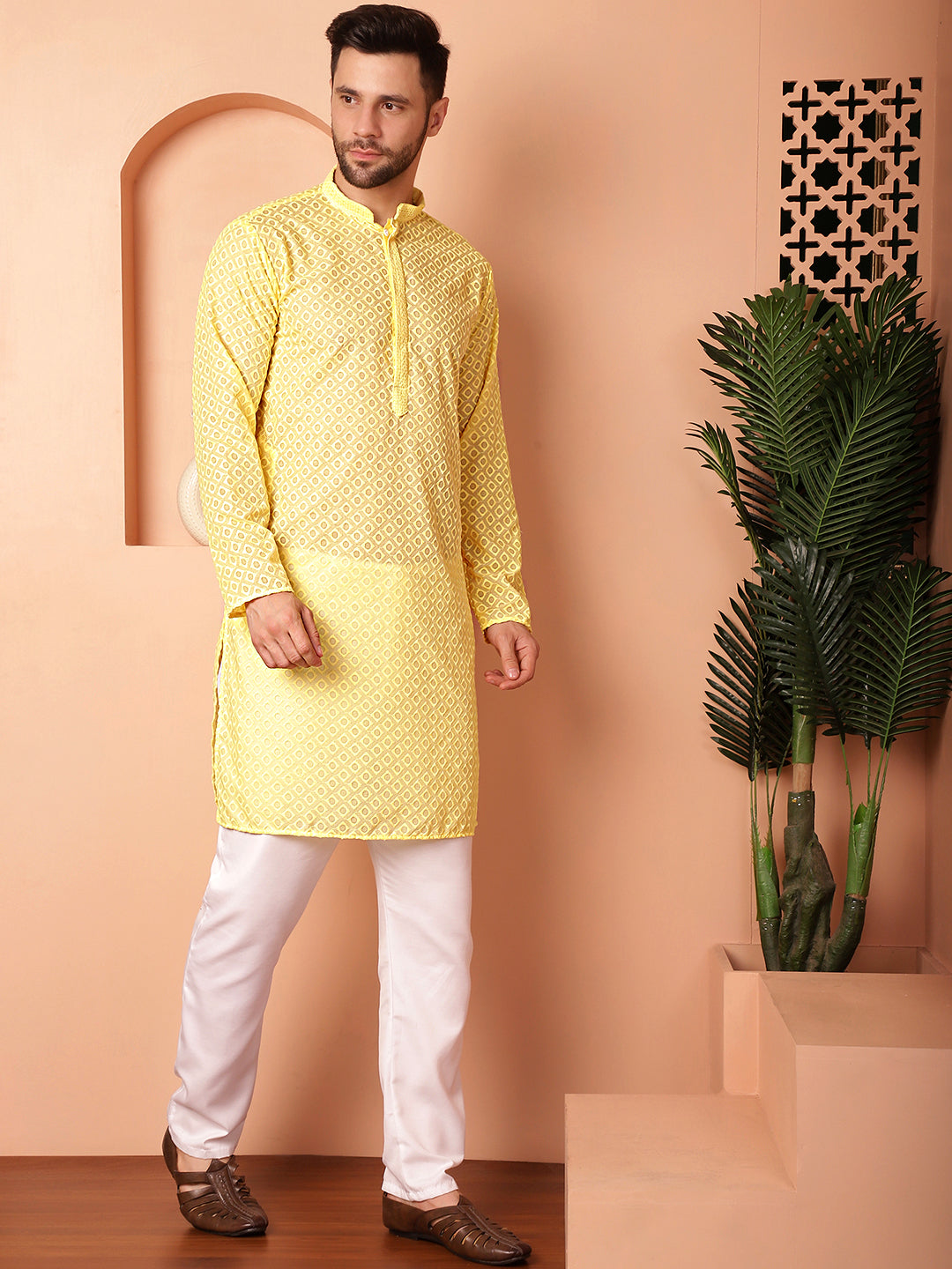 Yellow Cotton Kurta Pajama Set | Chikankari | Pathani Style