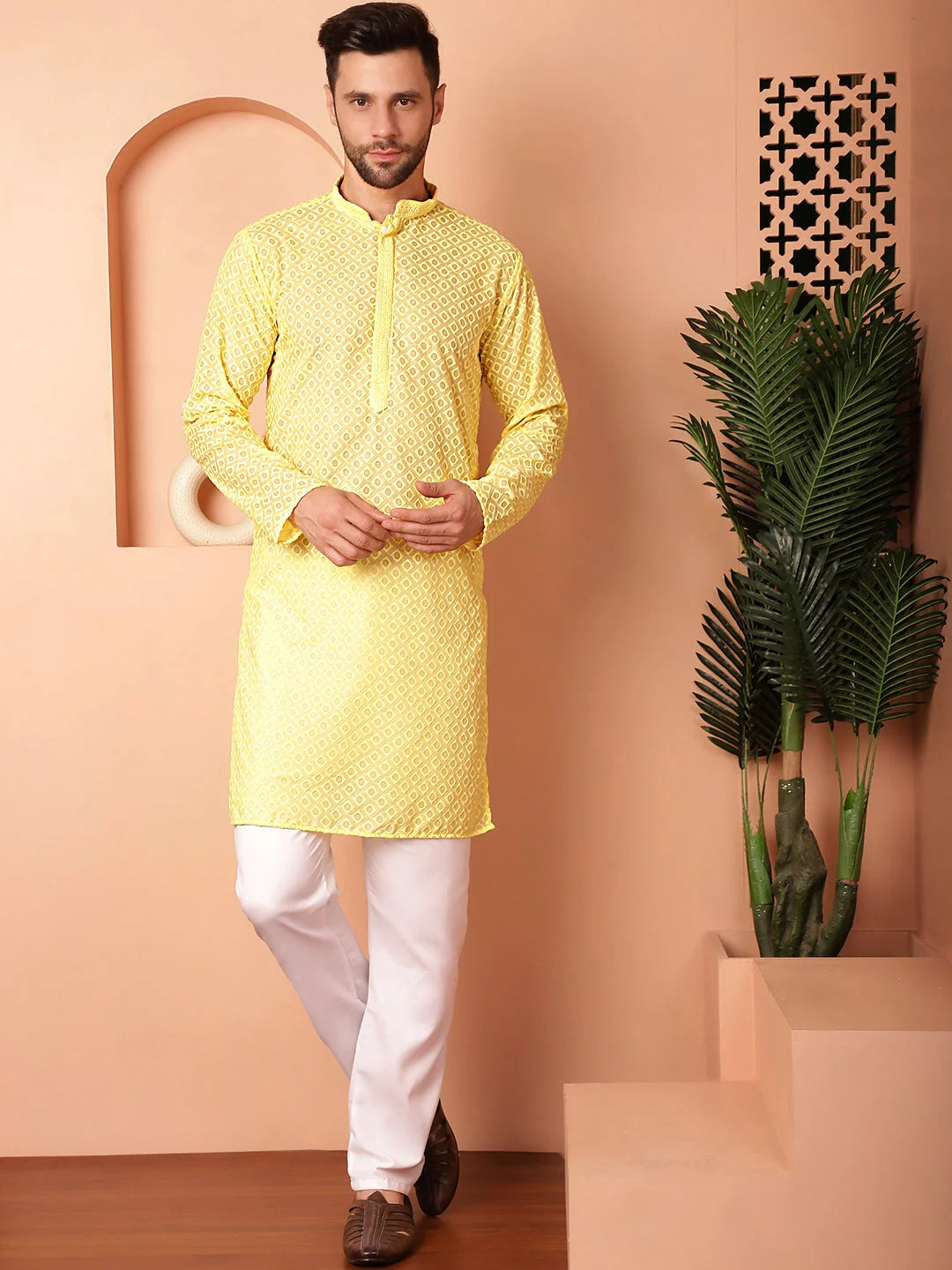 Yellow Cotton Kurta Pajama Set | Chikankari | Pathani Style