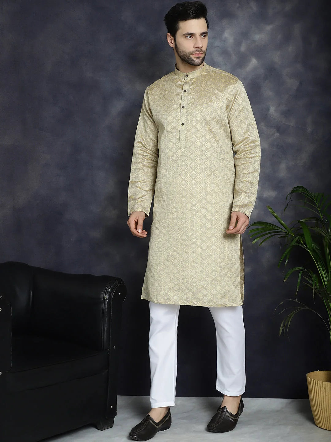 Beige Woven Design Kurta Pajama Set | Mens Kurta Pajama
