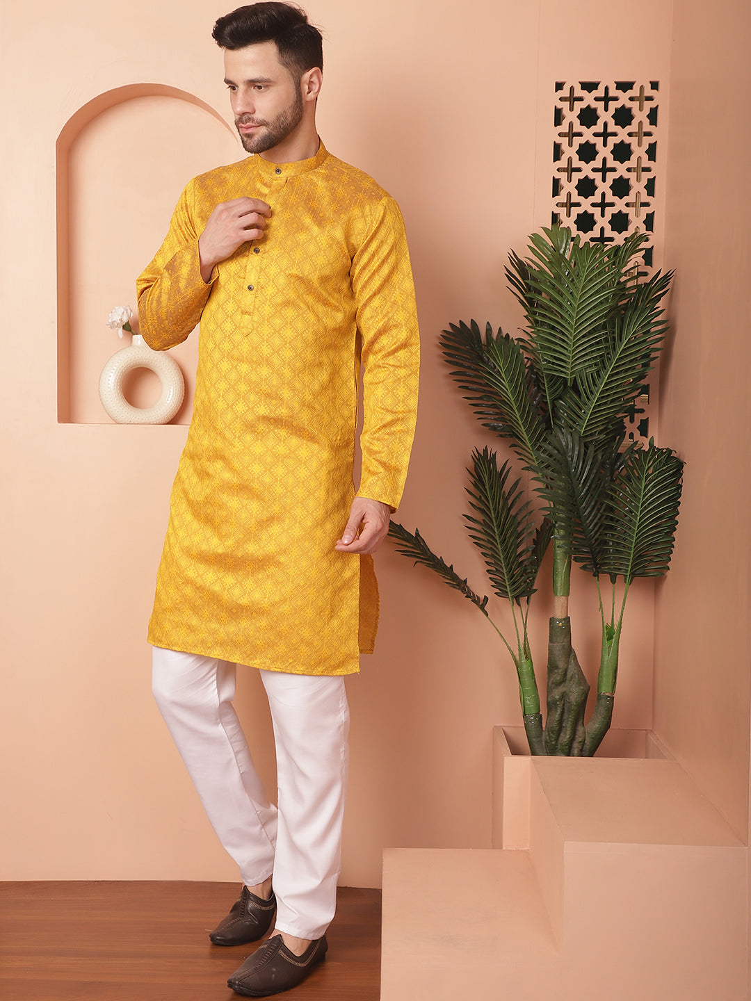Mustard Woven Mens Kurta Pajama Set | Cotton | Pathani Style