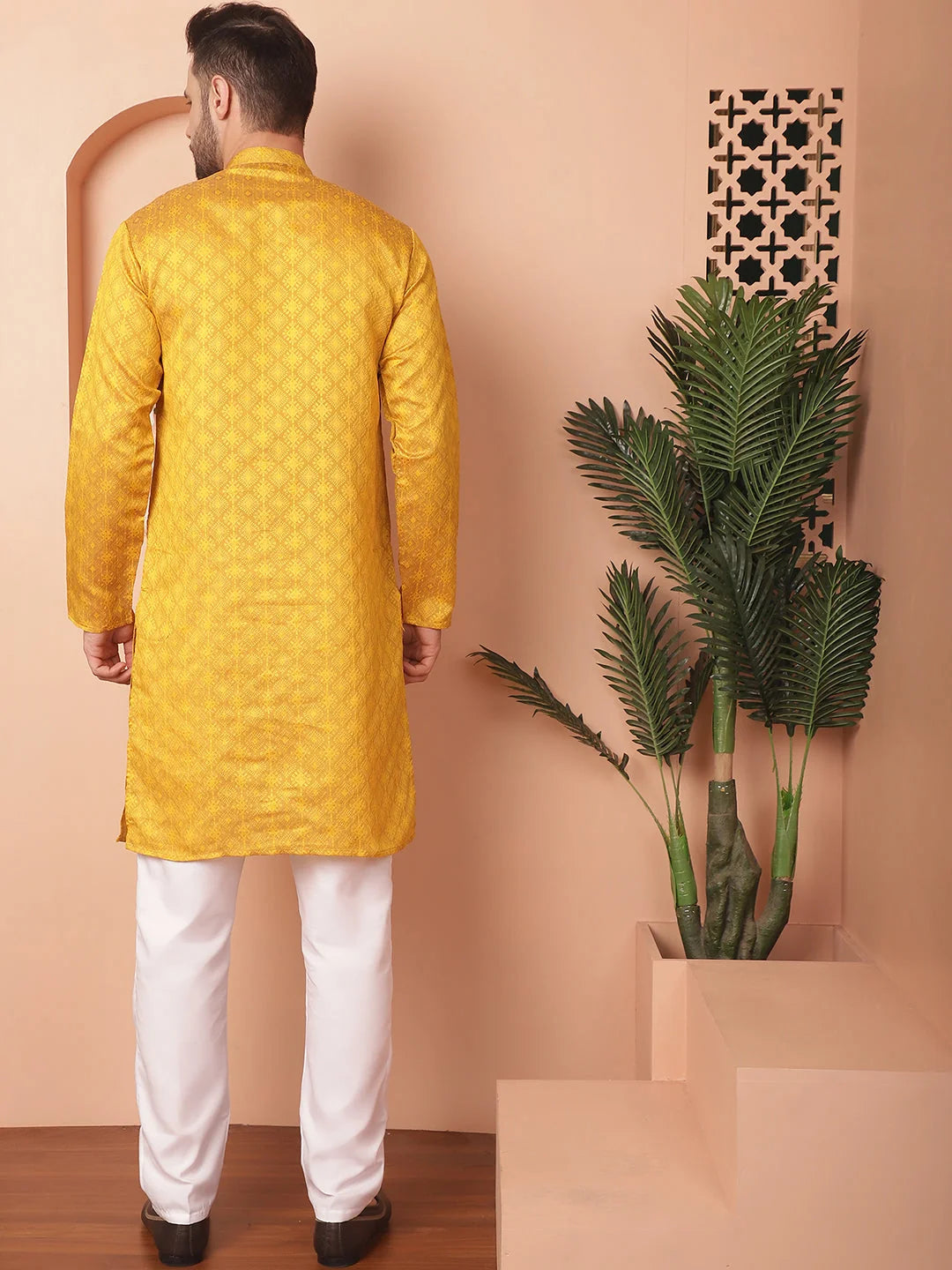 Mustard Woven Mens Kurta Pajama Set | Cotton | Pathani Style