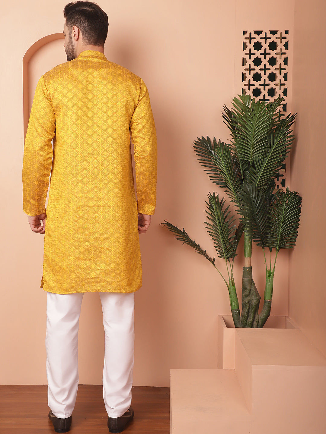 Mustard Woven Mens Kurta Pajama Set | Cotton | Pathani Style