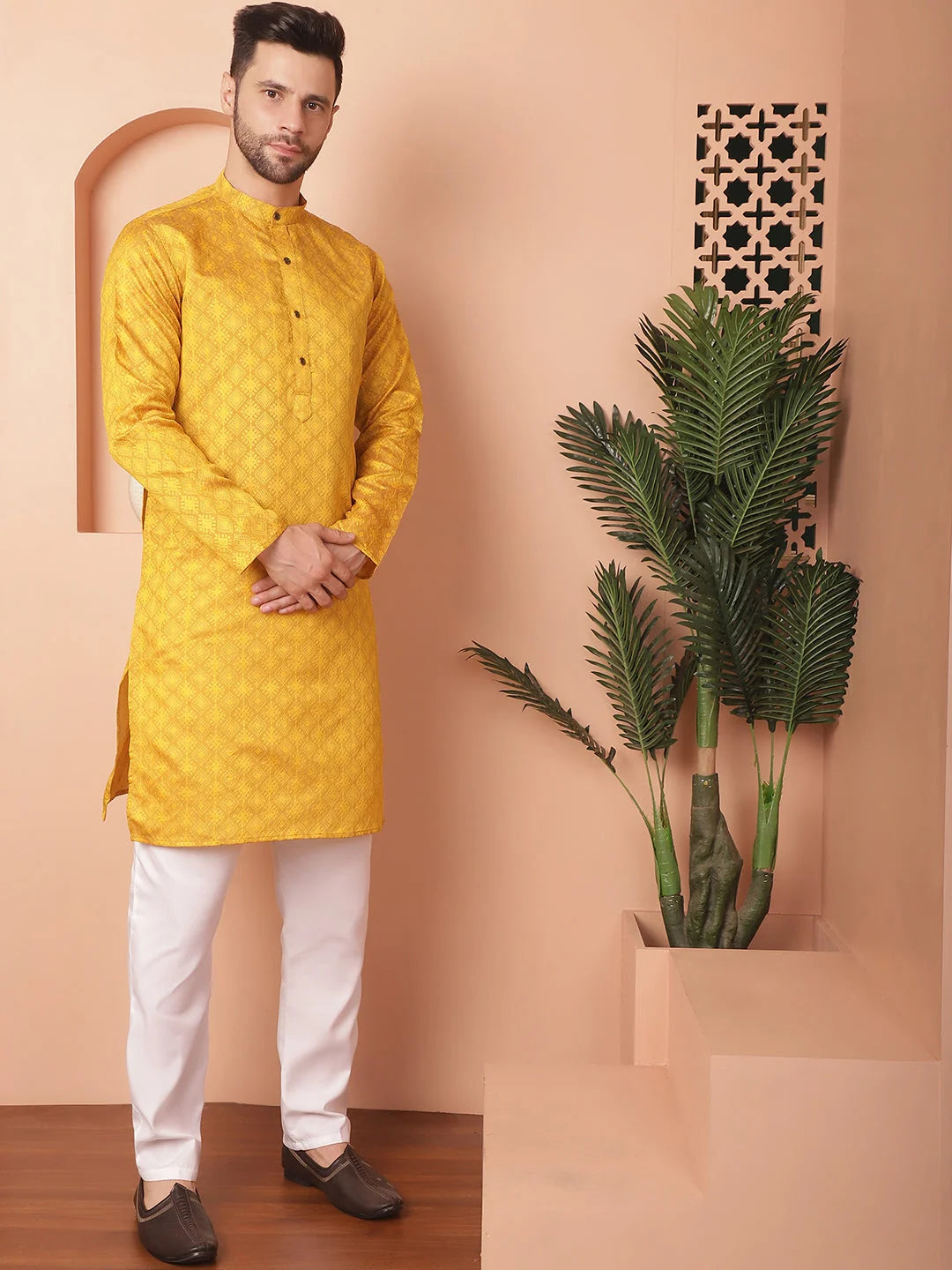 Mustard Woven Mens Kurta Pajama Set | Cotton | Pathani Style