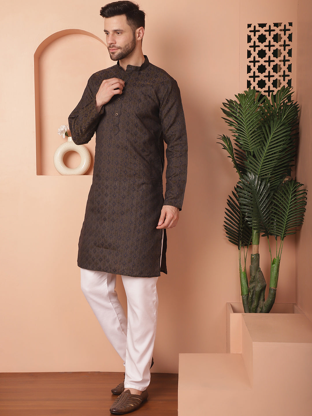 Woven Design Silk Blend Mens Kurta Pajama Set | Ethnic Wear