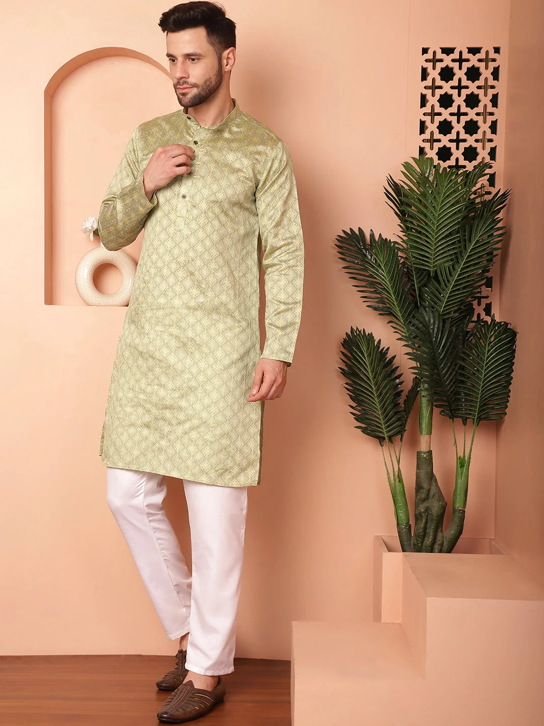 Pista Woven Mens Kurta Pajama Set | Cotton Pathani Style