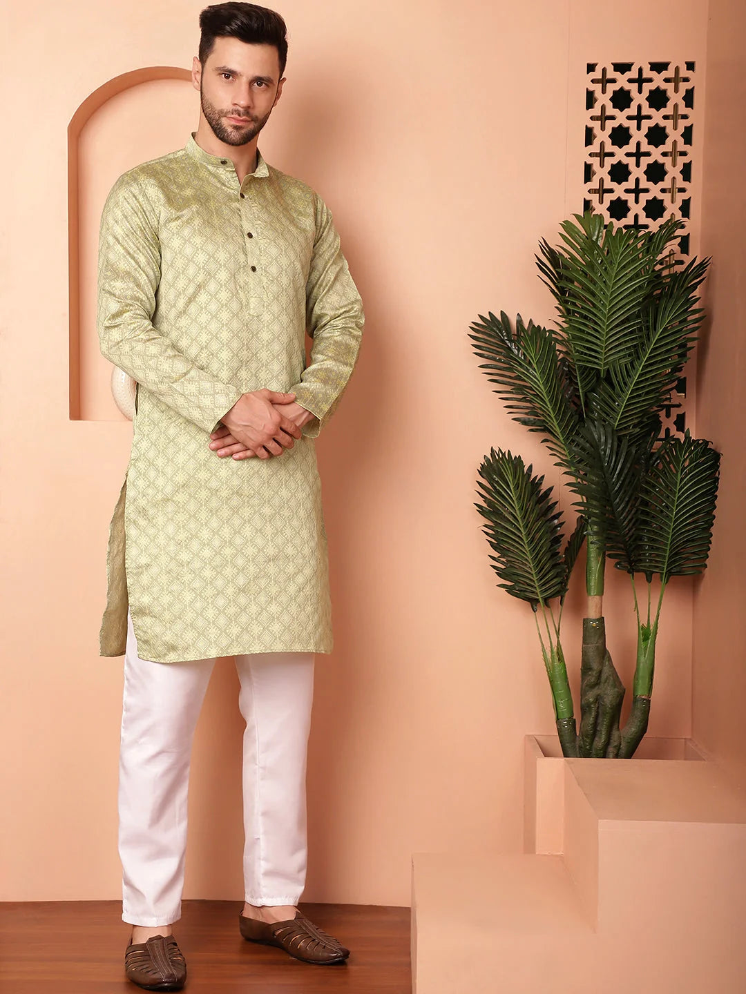 Pista Woven Mens Kurta Pajama Set | Cotton Pathani Style