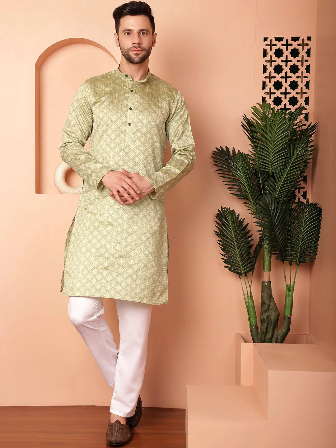 Pista Woven Mens Kurta Pajama Set | Cotton Pathani Style