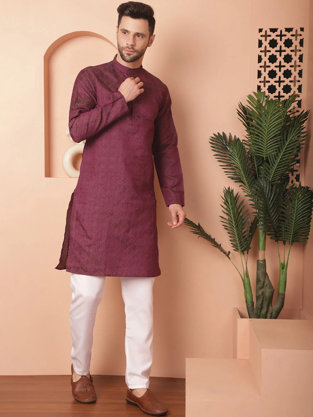 Purple Woven Design Mens Kurta Pajama Set | Pathani | Buy Now