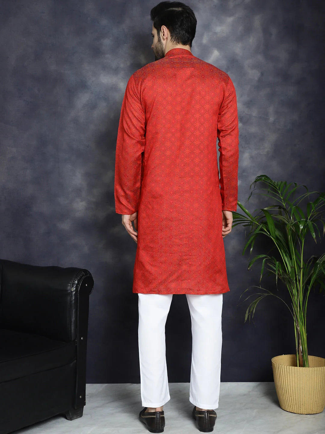 Red Woven Design Mens Kurta Pajama Set | Ethnic Fashion