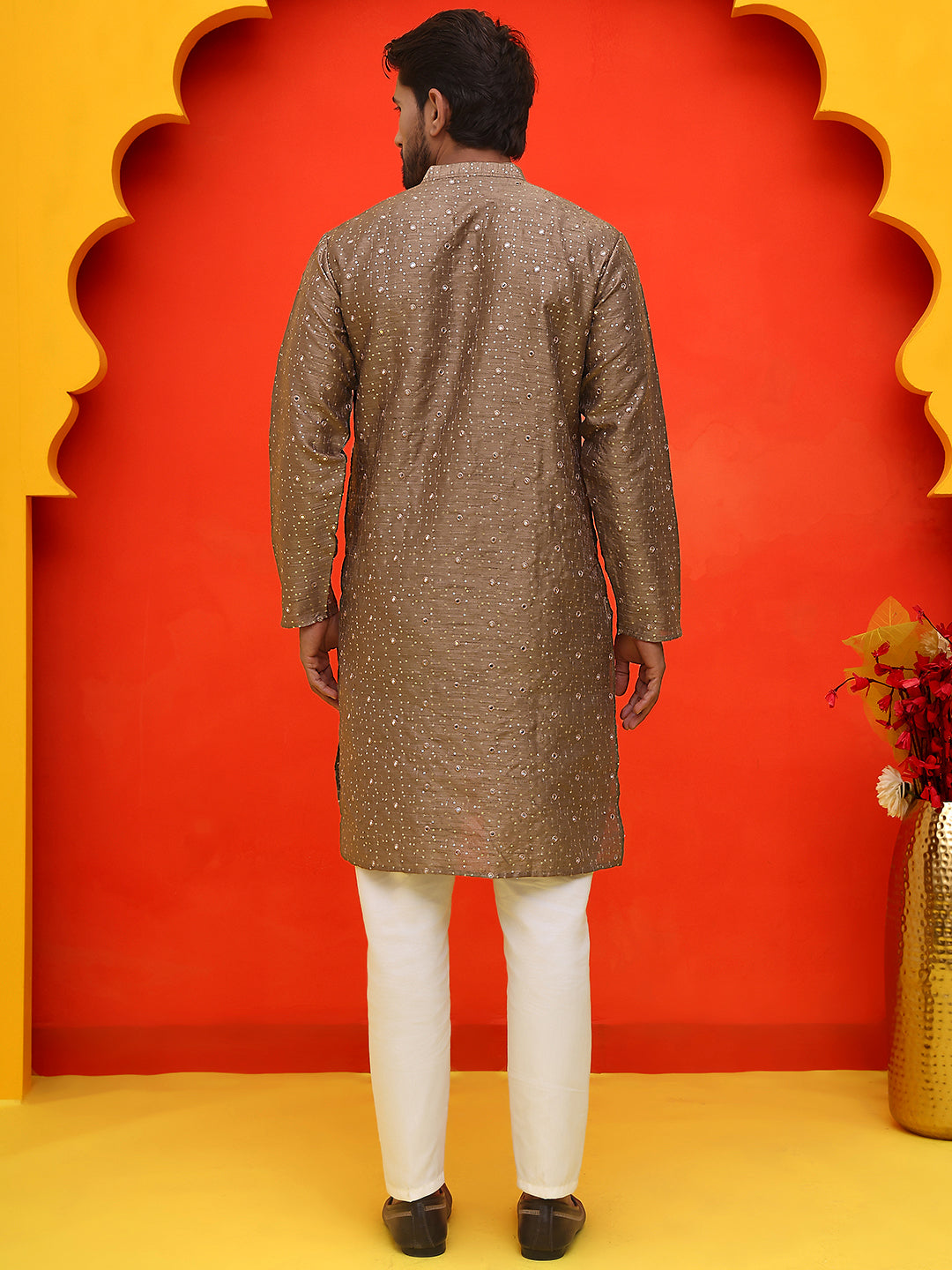 DesiQlo Men Embroidered Kurta Pyjama Set - Brown - JOKP_P_5035Brown_S