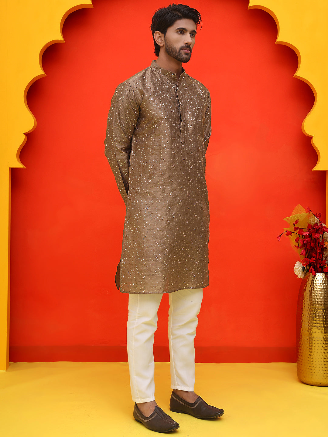 DesiQlo Men Embroidered Kurta Pyjama Set - Brown - JOKP_P_5035Brown_S
