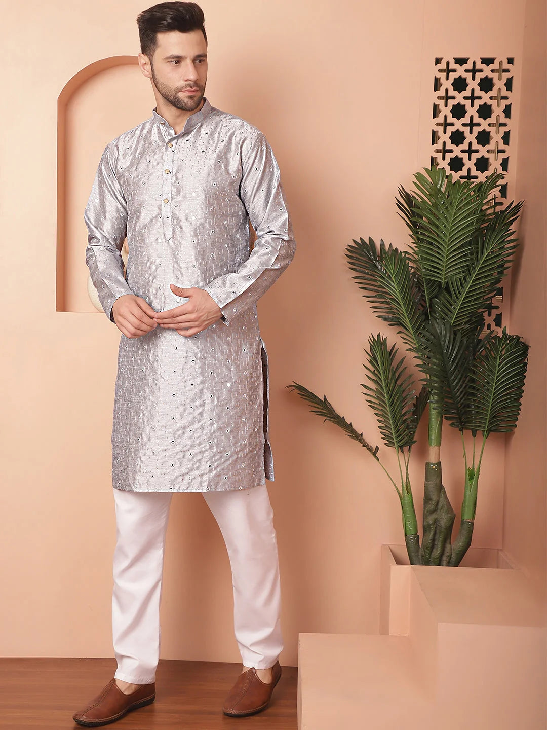 Grey Embroidered Mens Kurta Pajama Set | Mirror Work | Pathani