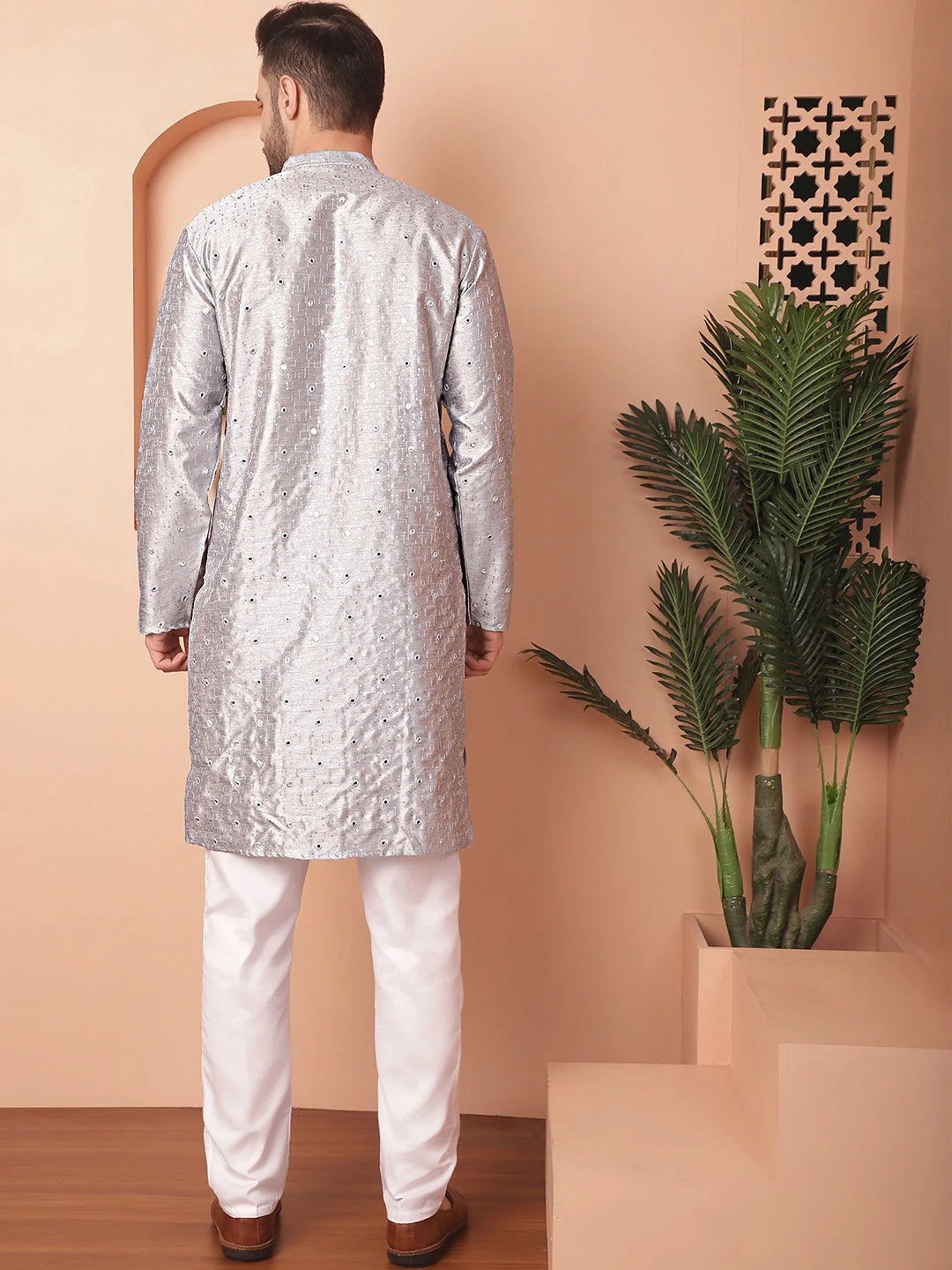 Grey Embroidered Mens Kurta Pajama Set | Mirror Work | Pathani