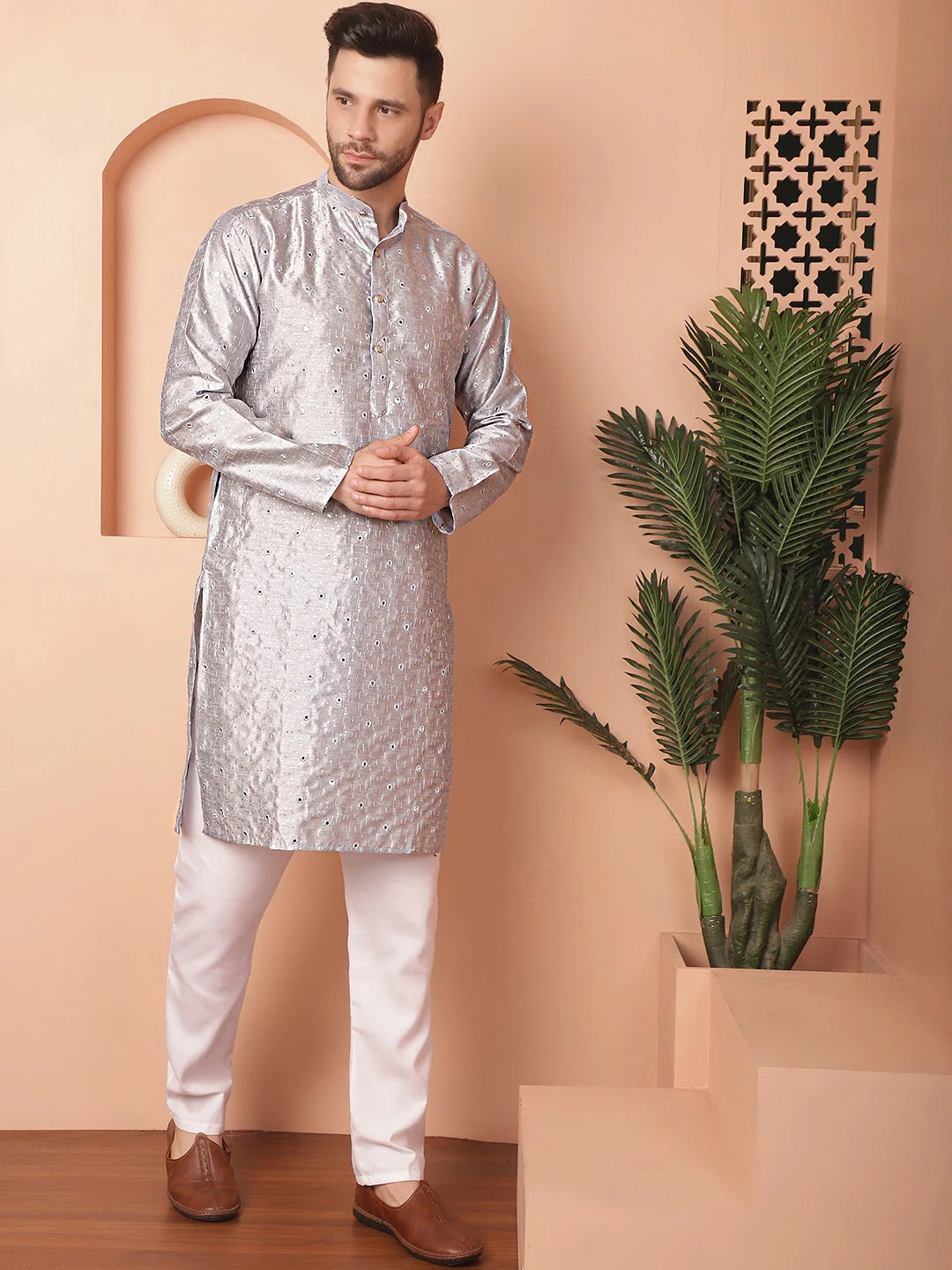 Grey Embroidered Mens Kurta Pajama Set | Mirror Work | Pathani