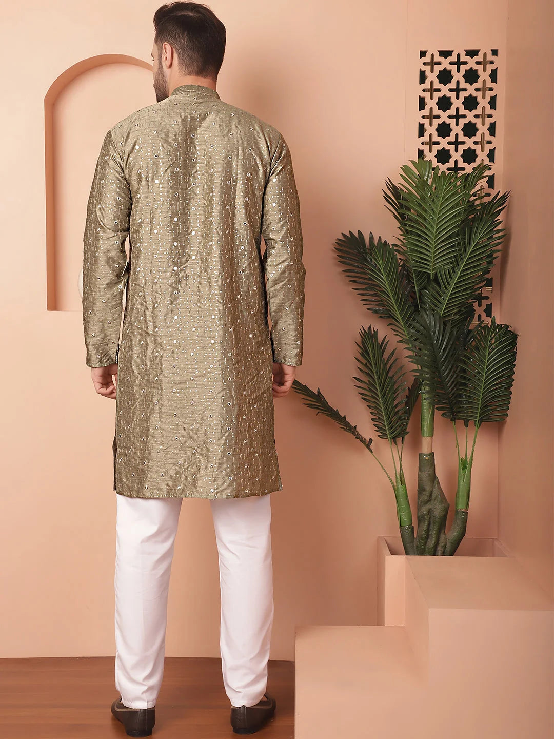 Pista Embroidered Mens Kurta Pajama Set - Silk Cotton Kurta