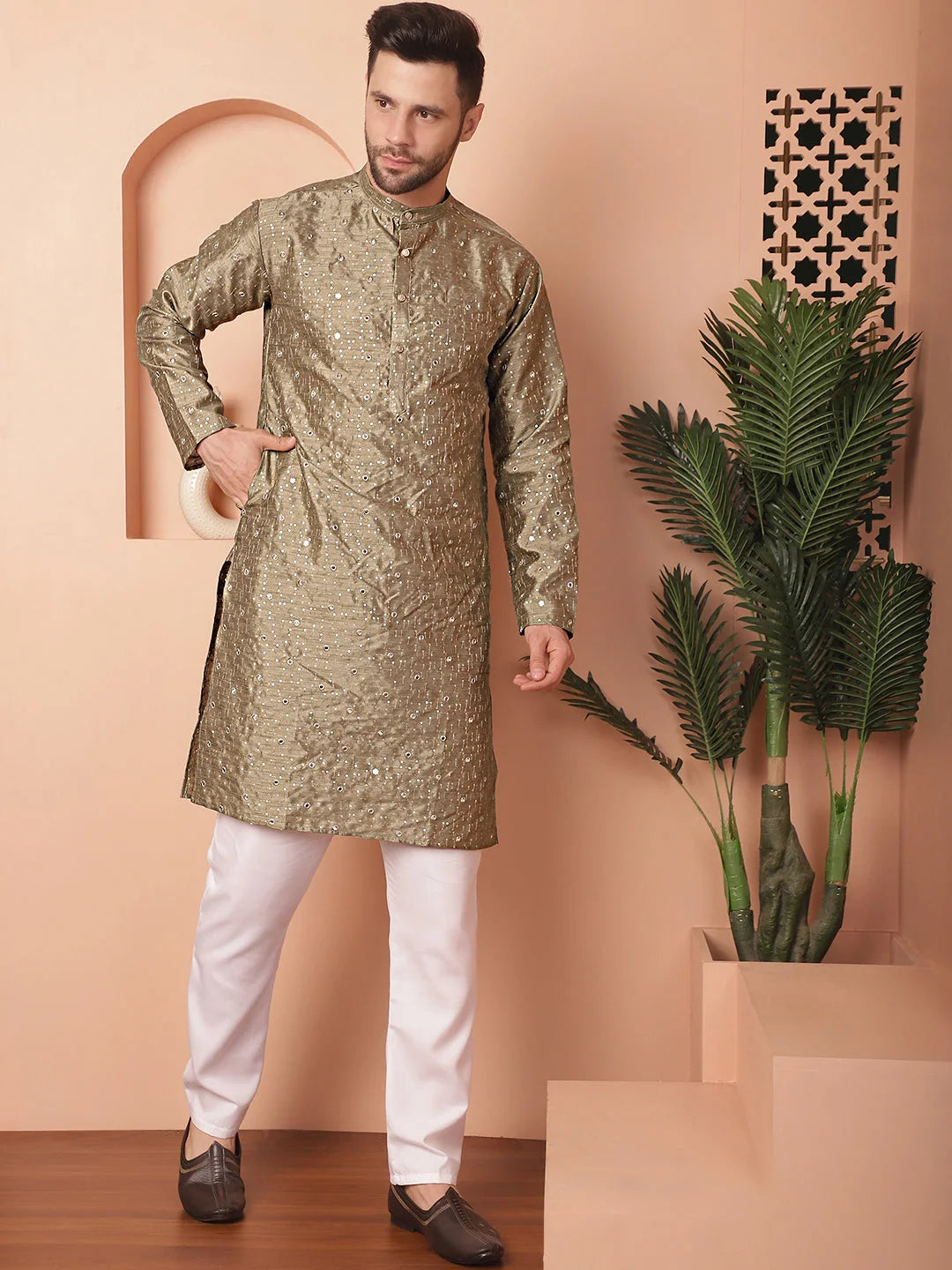 Pista Embroidered Mens Kurta Pajama Set - Silk Cotton Kurta