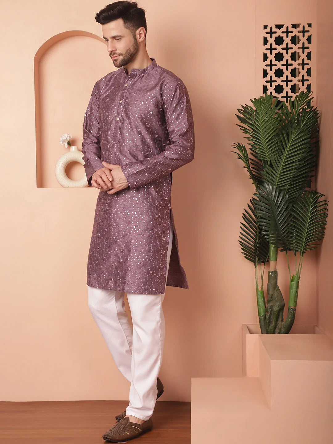 Purple Embroidered Mens Kurta Pajama Set - Silk Cotton Kurta