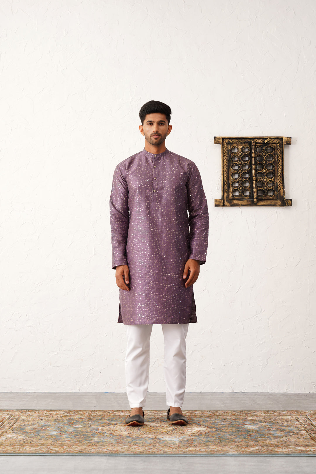 Purple Embroidered Mens Kurta Pajama Set - Silk Cotton Blend