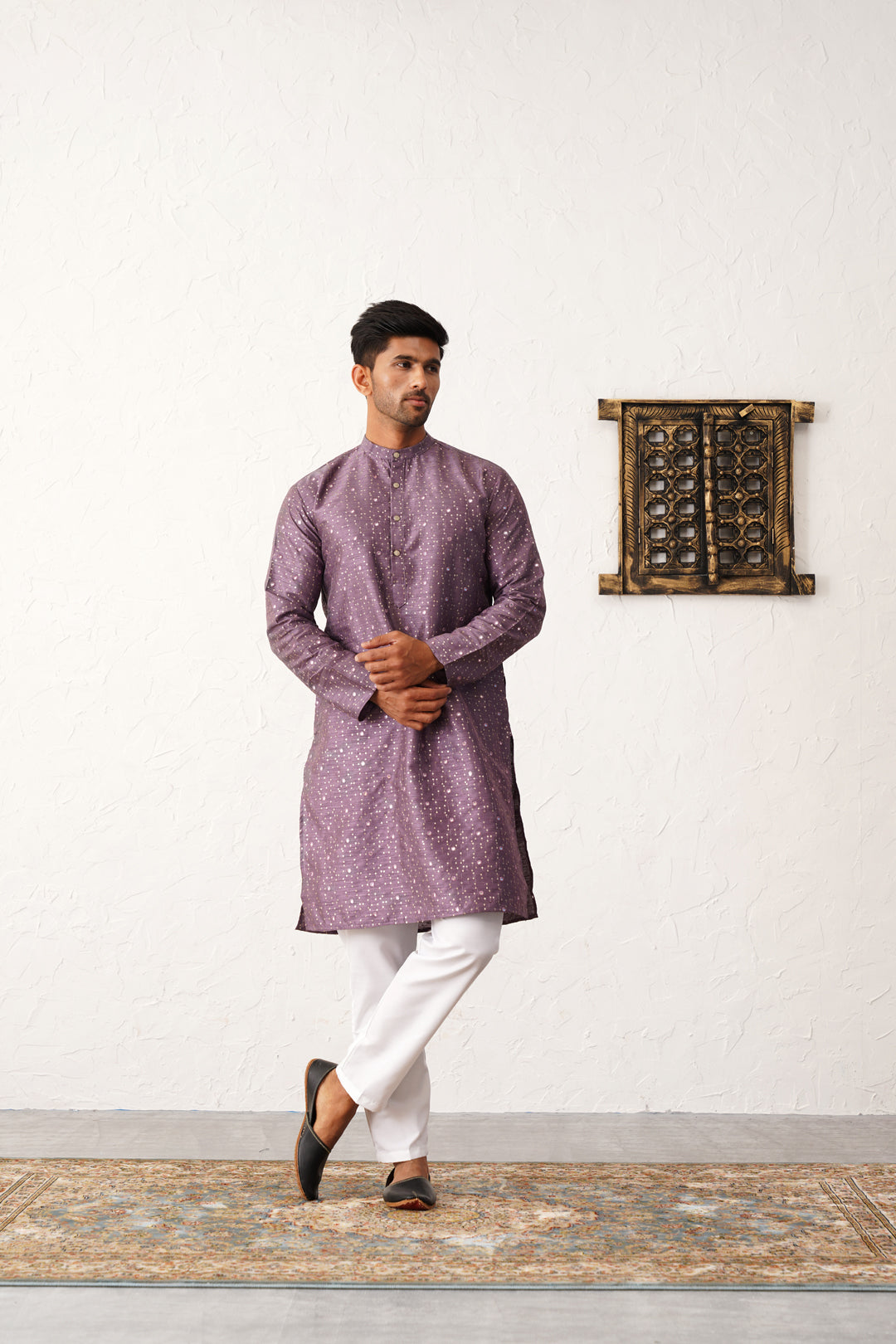 Purple Embroidered Mens Kurta Pajama Set - Silk Cotton Blend