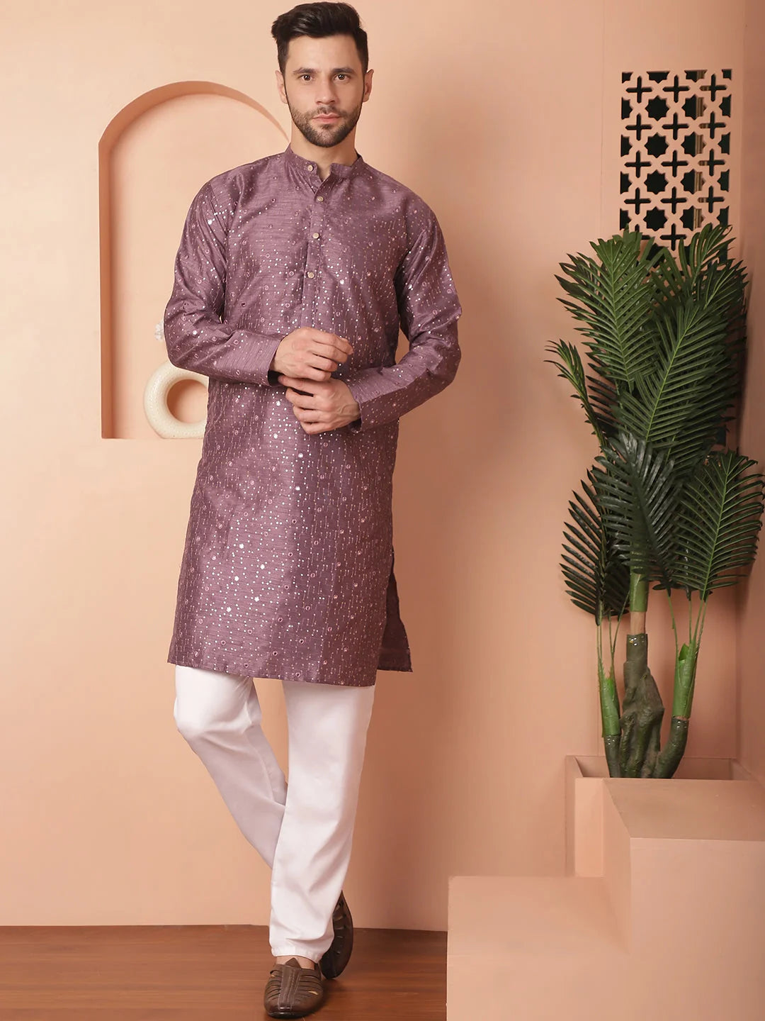 Purple Embroidered Mens Kurta Pajama Set - Silk Cotton Kurta