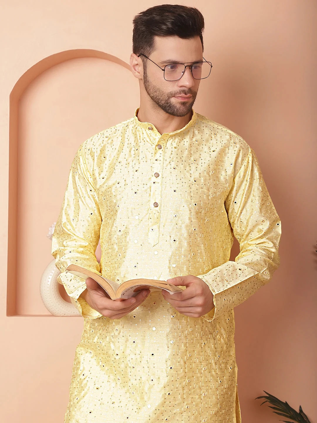 Yellow Embroidered Mens Kurta Pajama Set - Silk Cotton Kurta