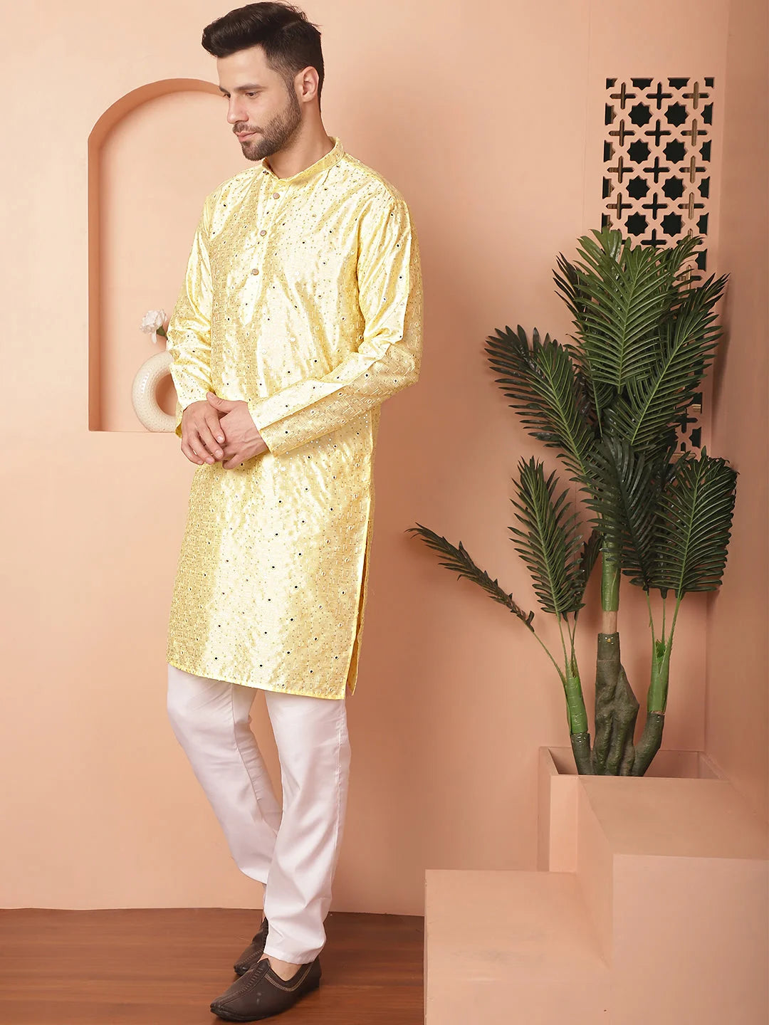 Yellow Embroidered Mens Kurta Pajama Set - Silk Cotton Kurta