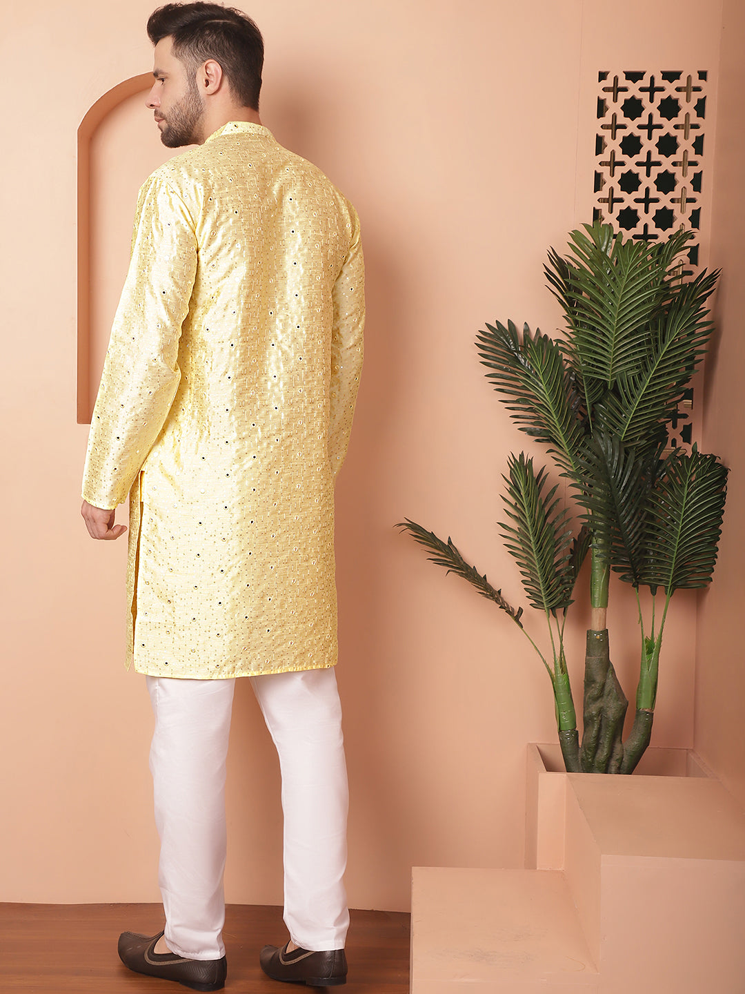 Yellow Embroidered Mens Kurta Pajama Set - Silk Cotton Kurta