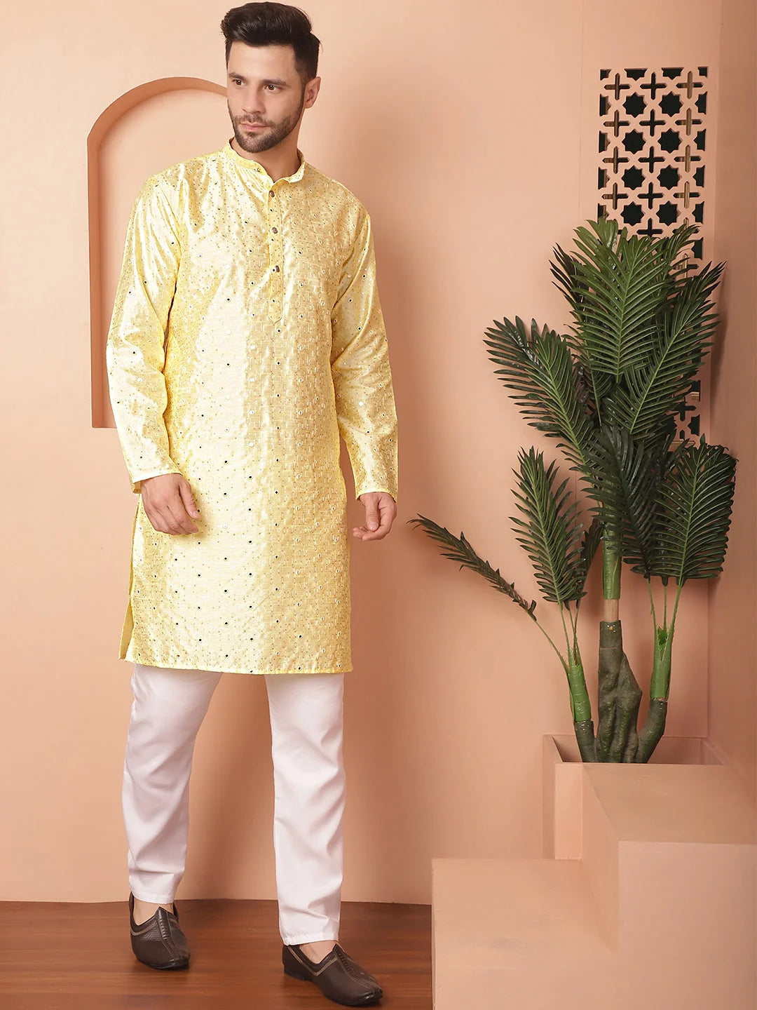 Yellow Embroidered Mens Kurta Pajama Set - Silk Cotton Kurta