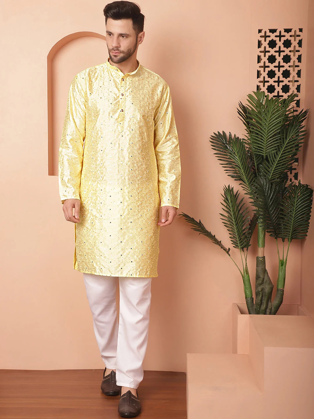 Yellow Embroidered Mens Kurta Pajama Set - Silk Cotton Kurta
