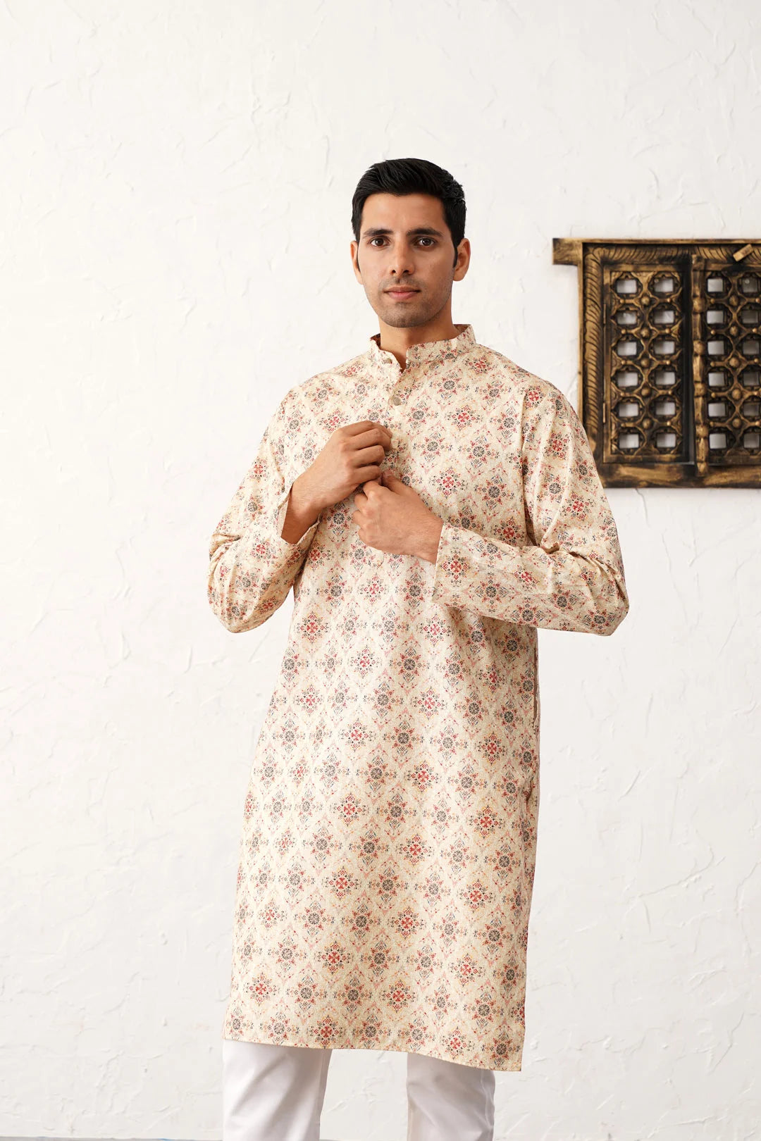 Golden Foil Printed Mens Kurta Pajama Set | Cotton Blend