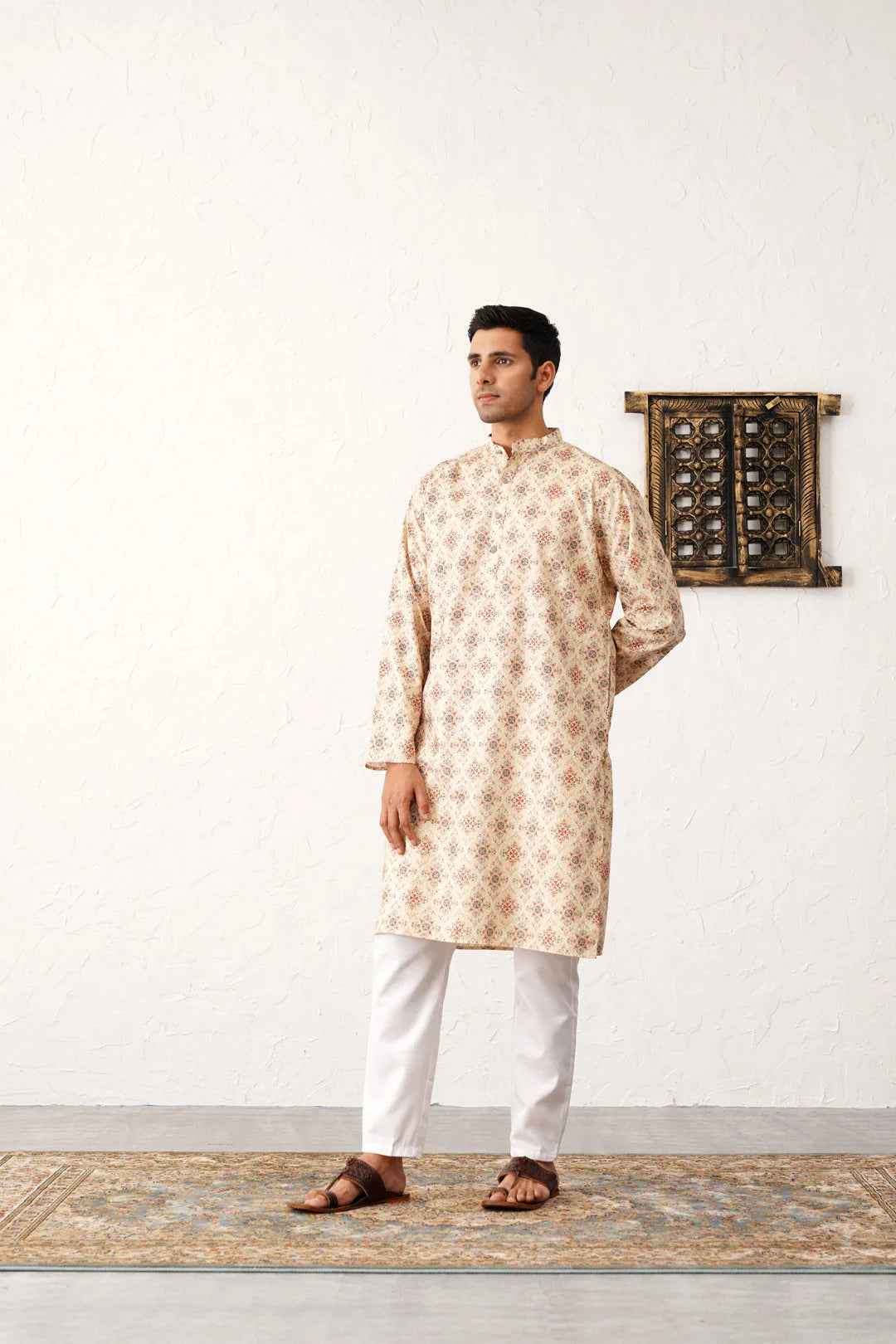 Golden Foil Printed Mens Kurta Pajama Set | Cotton Blend