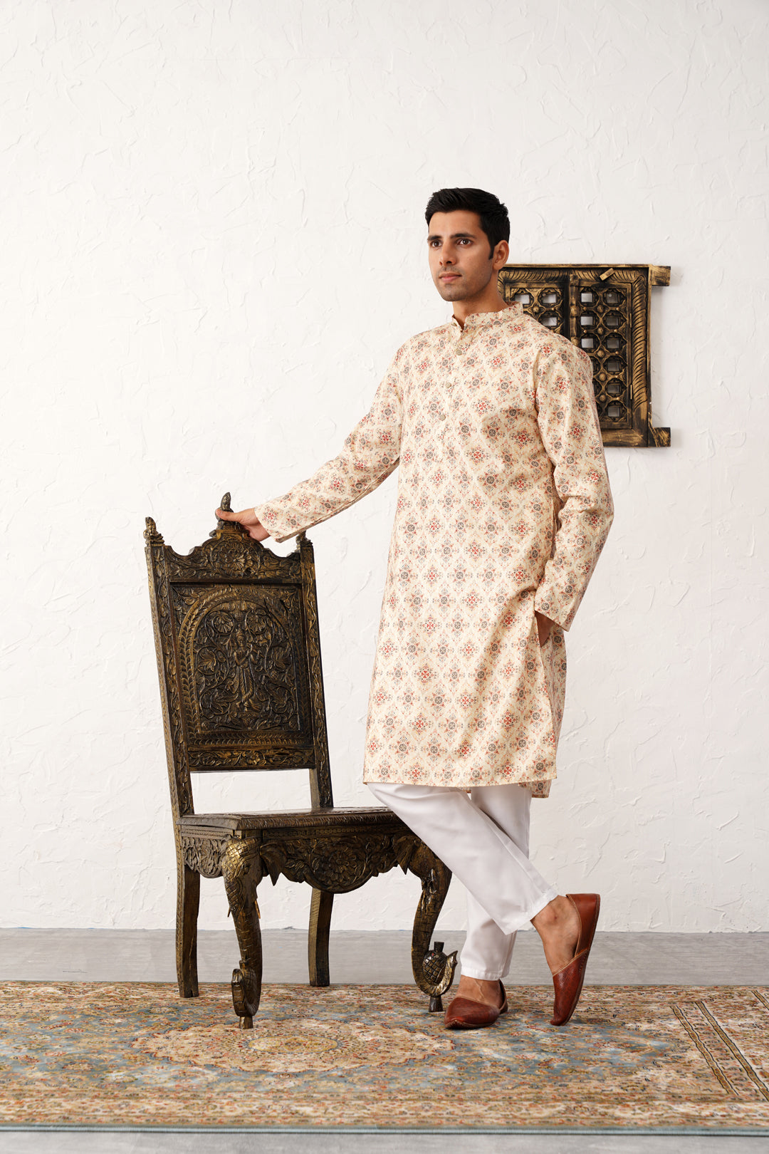 Golden Foil Printed Mens Kurta Pajama Set | Cotton Blend