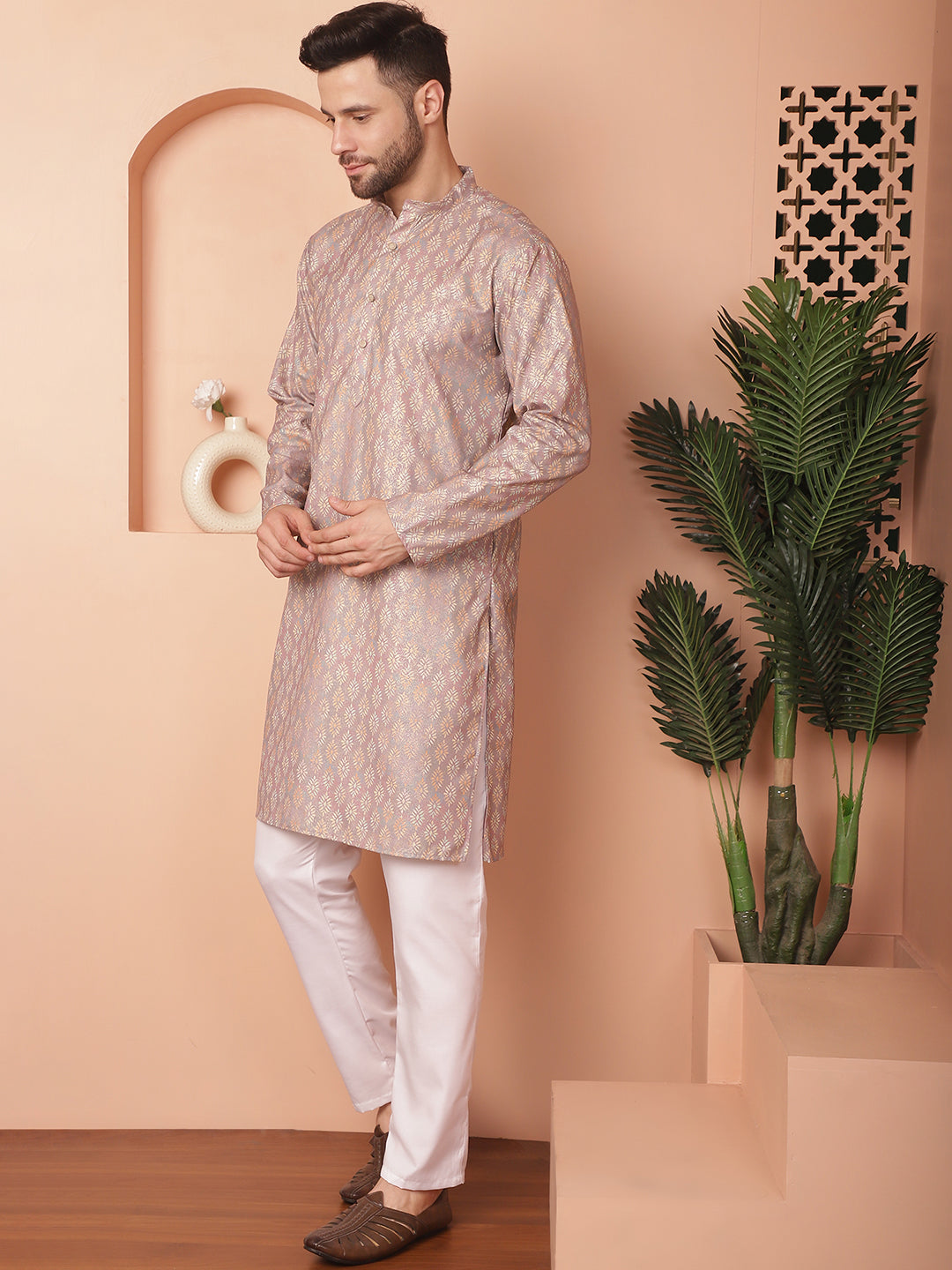 Peach Printed Mens Kurta Pajama Set - Cotton Blend Kurta Pajama