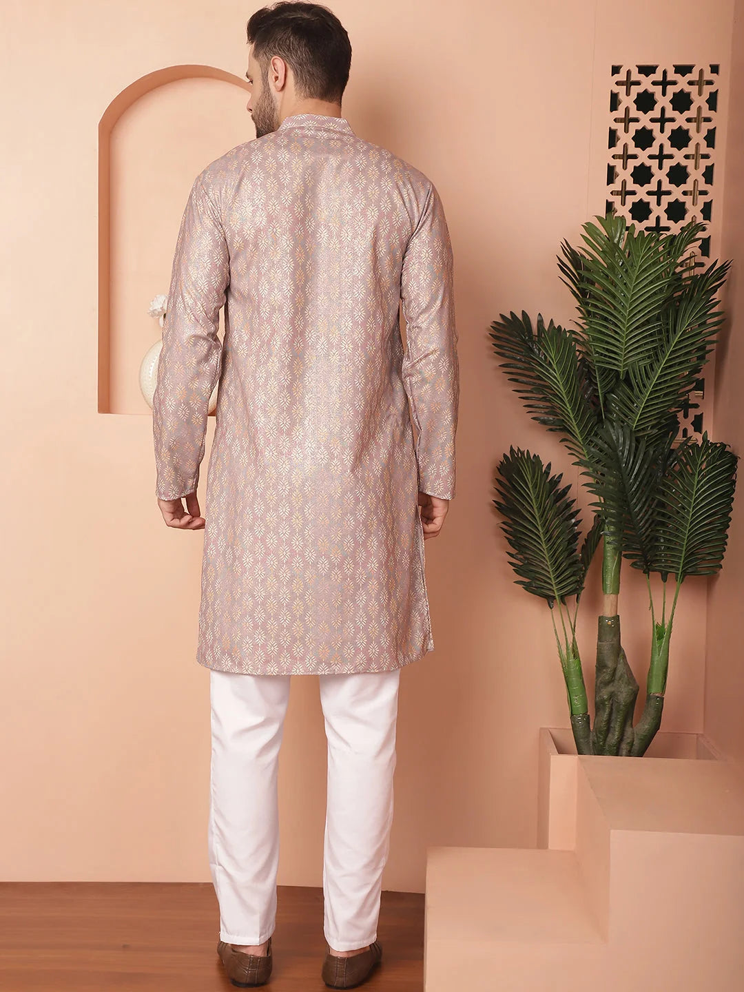Peach Printed Mens Kurta Pajama Set - Cotton Blend Kurta Pajama