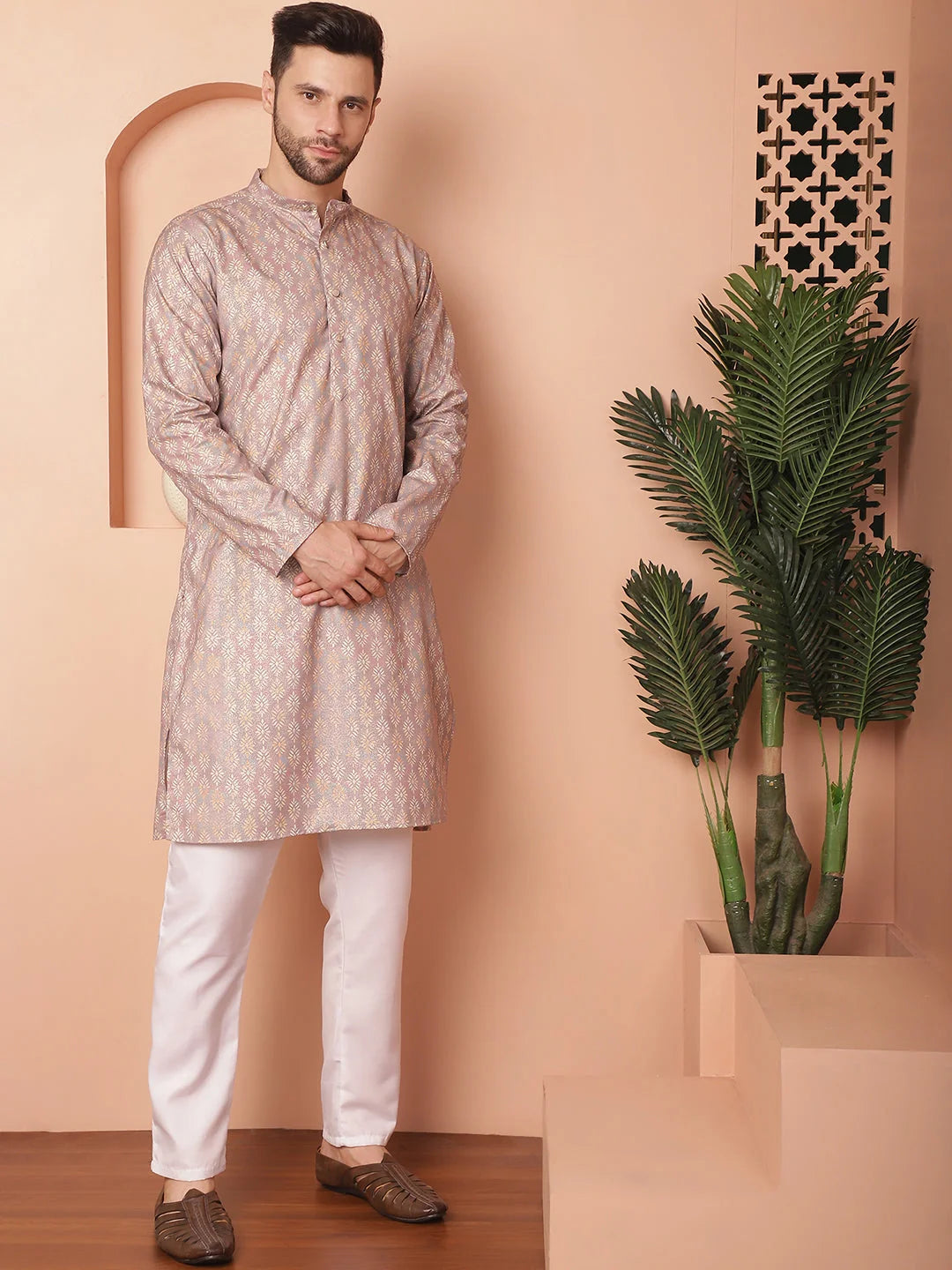 Peach Printed Mens Kurta Pajama Set - Cotton Blend Kurta Pajama