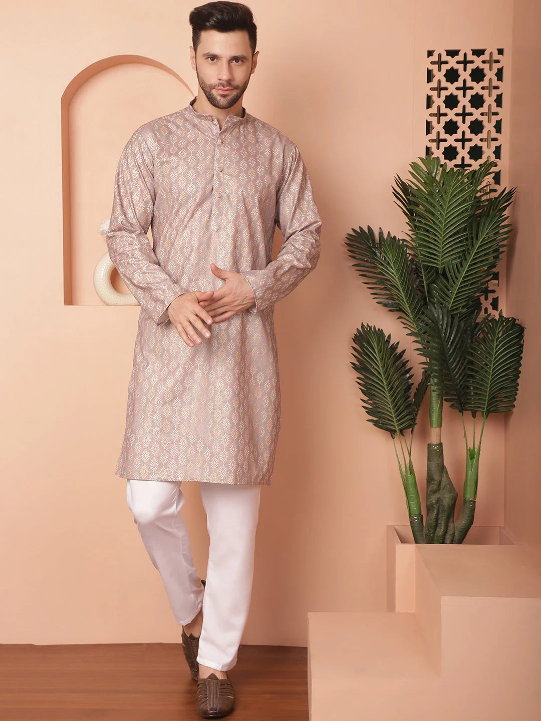 Peach Printed Mens Kurta Pajama Set - Cotton Blend Kurta Pajama