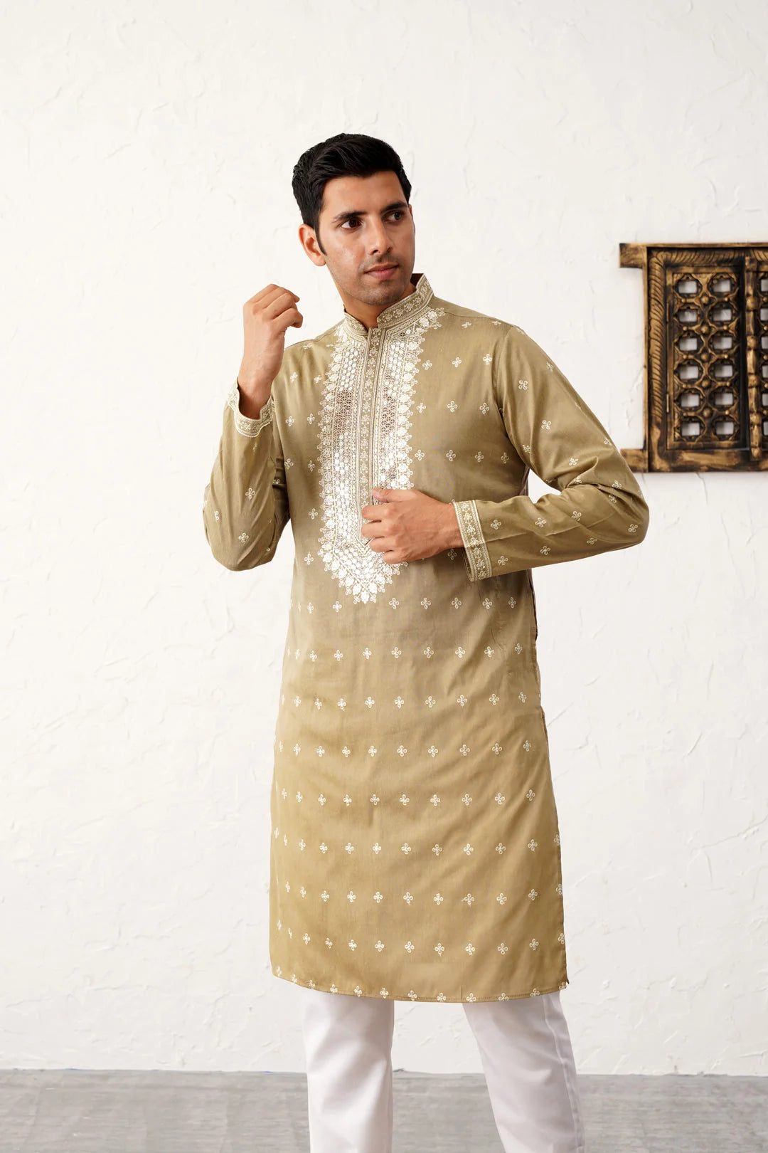 Beige Embroidered Mens Kurta Pajama Set | Cotton Silk Blend