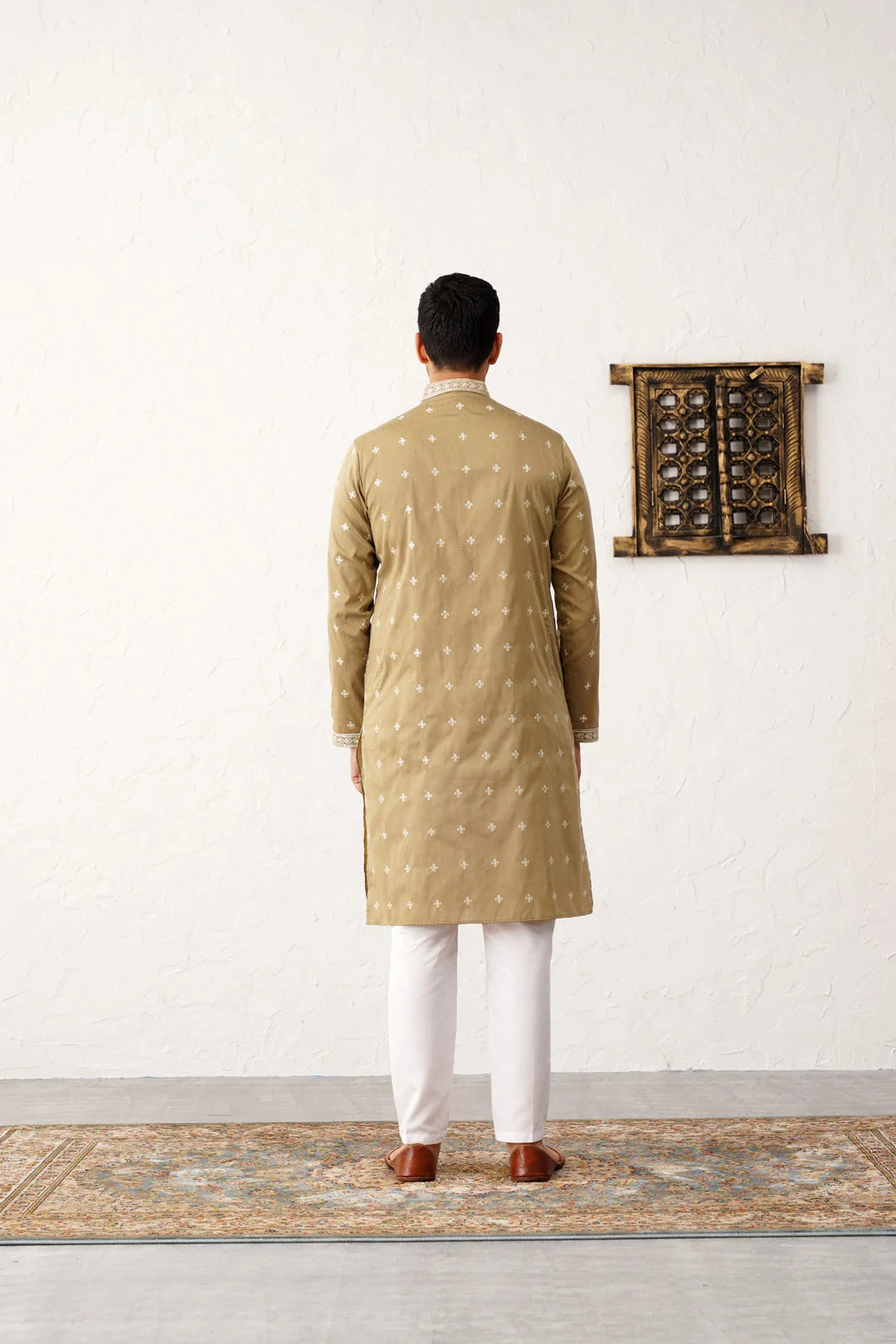 Beige Embroidered Mens Kurta Pajama Set | Cotton Silk Blend