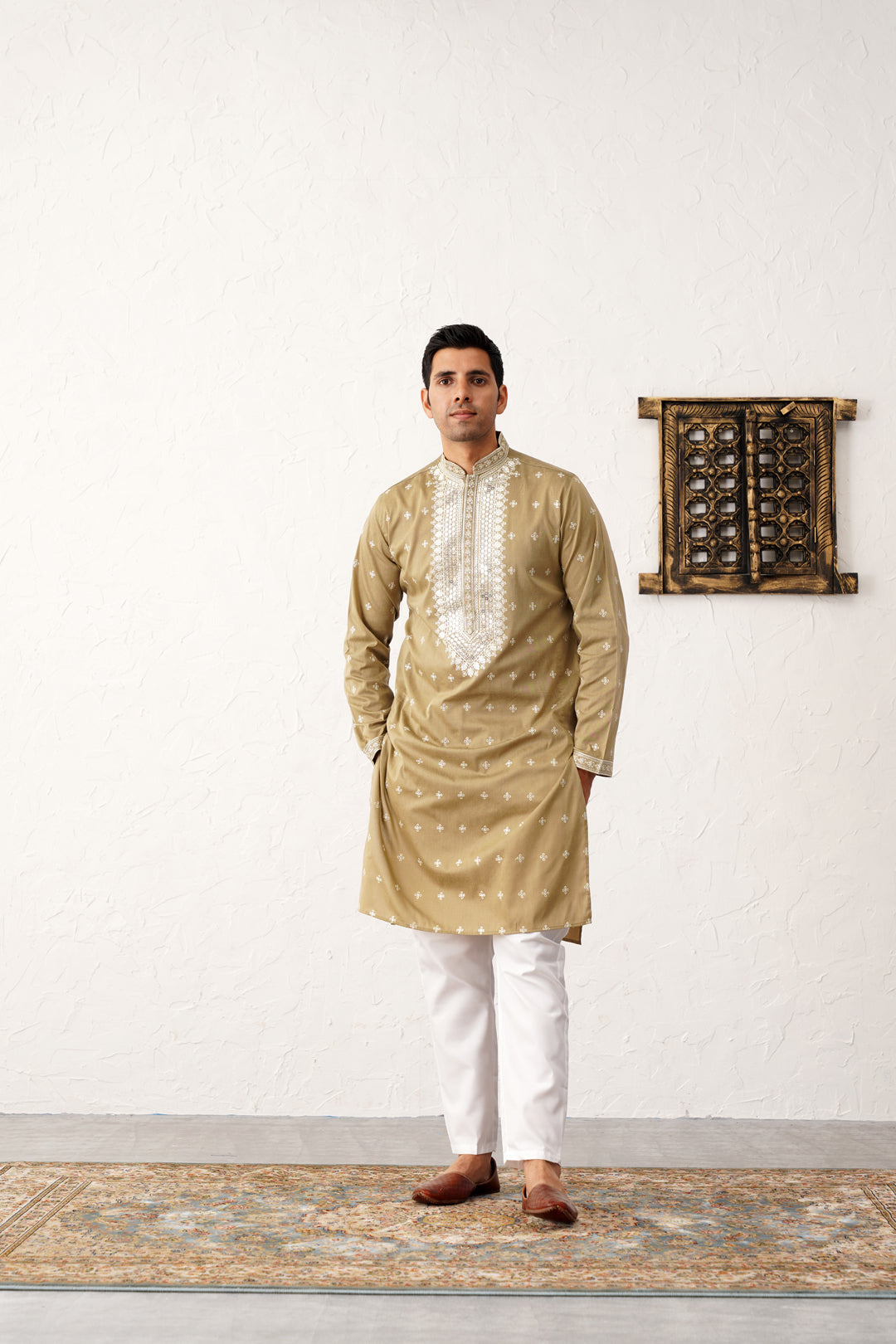 Beige Embroidered Mens Kurta Pajama Set | Cotton Silk Blend